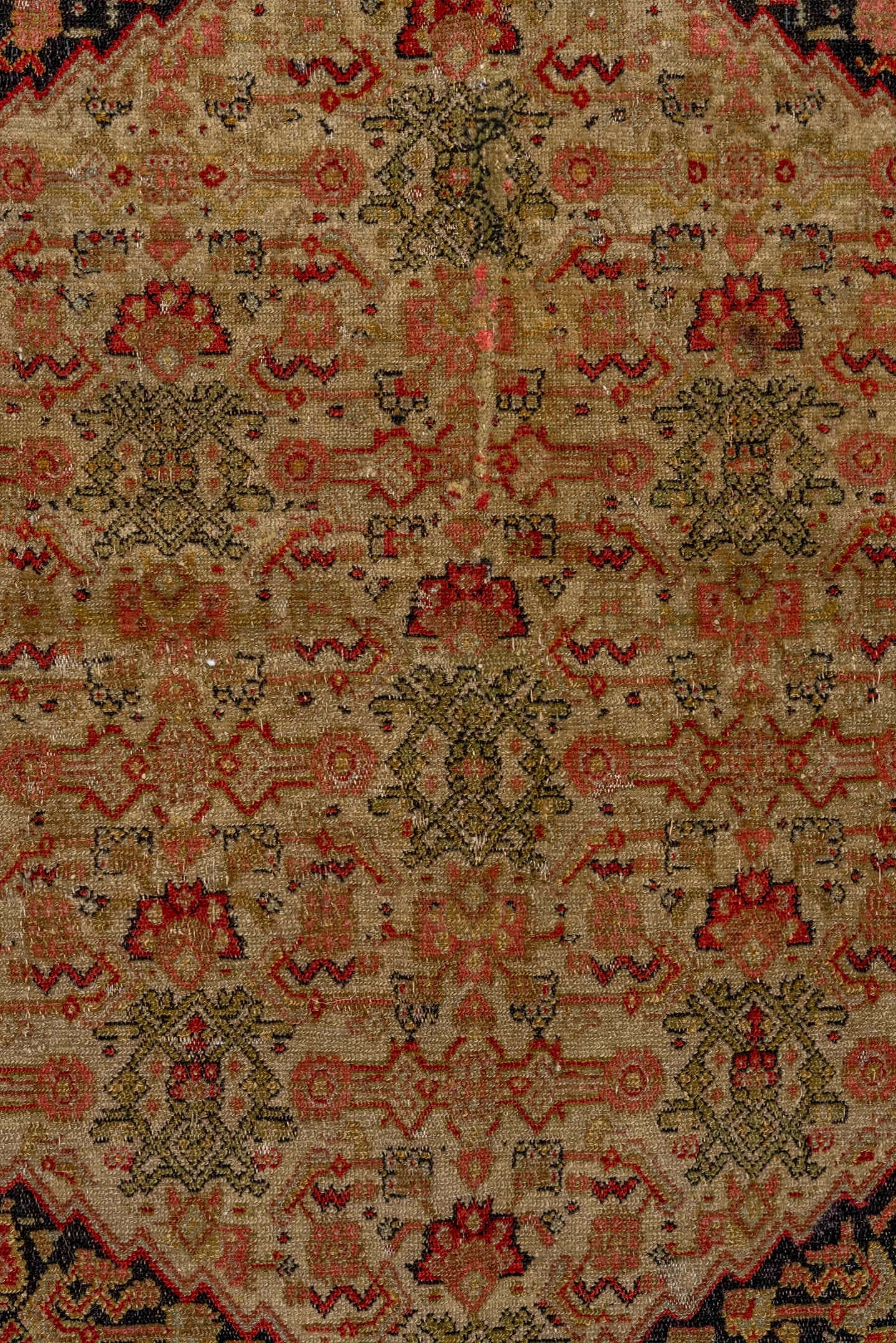 4' x 6' one-of-a-kind handmade vintage Senne small size rug. Color palette: ivory, charcoal, rust, burgundy, camel, sage