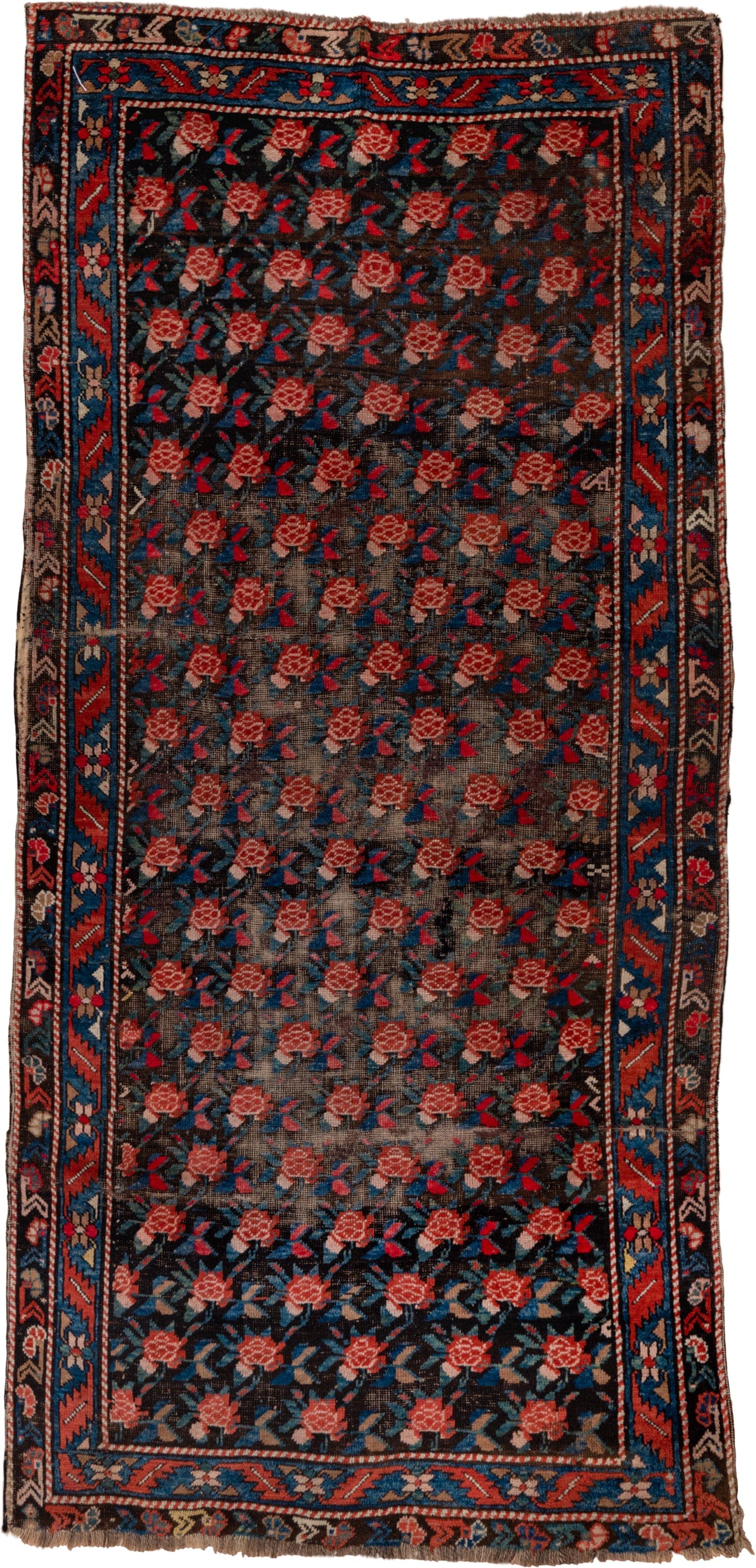 4' x 8' one-of-a-kind handmade antique Karabagh runner rug. Color palette: charcoal, rust, indigo, crimson, ivory, slate