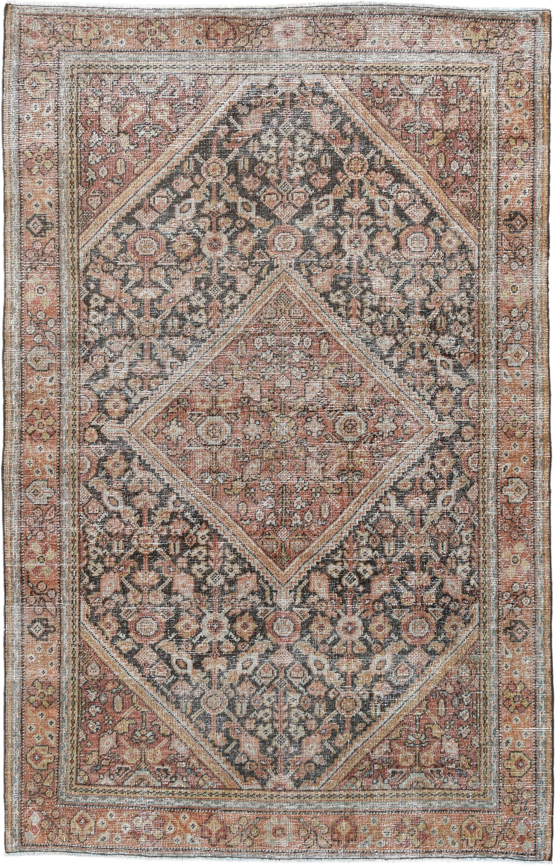4' x 6' one-of-a-kind handmade vintage Mahal small size rug. Color palette: terra cotta, charcoal, ivory, rose, gold, taupe