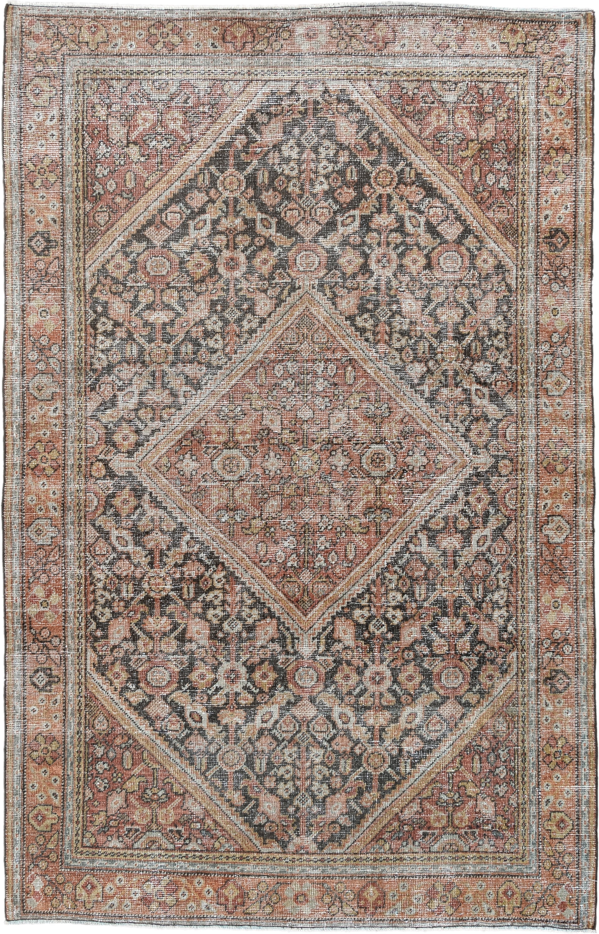 4' x 6' one-of-a-kind handmade vintage Mahal small size rug. Color palette: terra cotta, charcoal, ivory, rose, gold, taupe