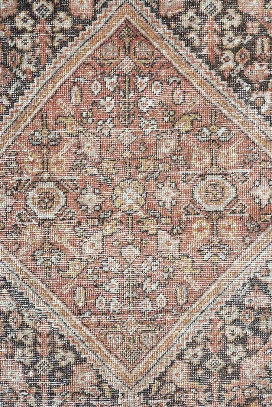 4' x 6' one-of-a-kind handmade vintage Mahal small size rug. Color palette: terra cotta, charcoal, ivory, rose, gold, taupe