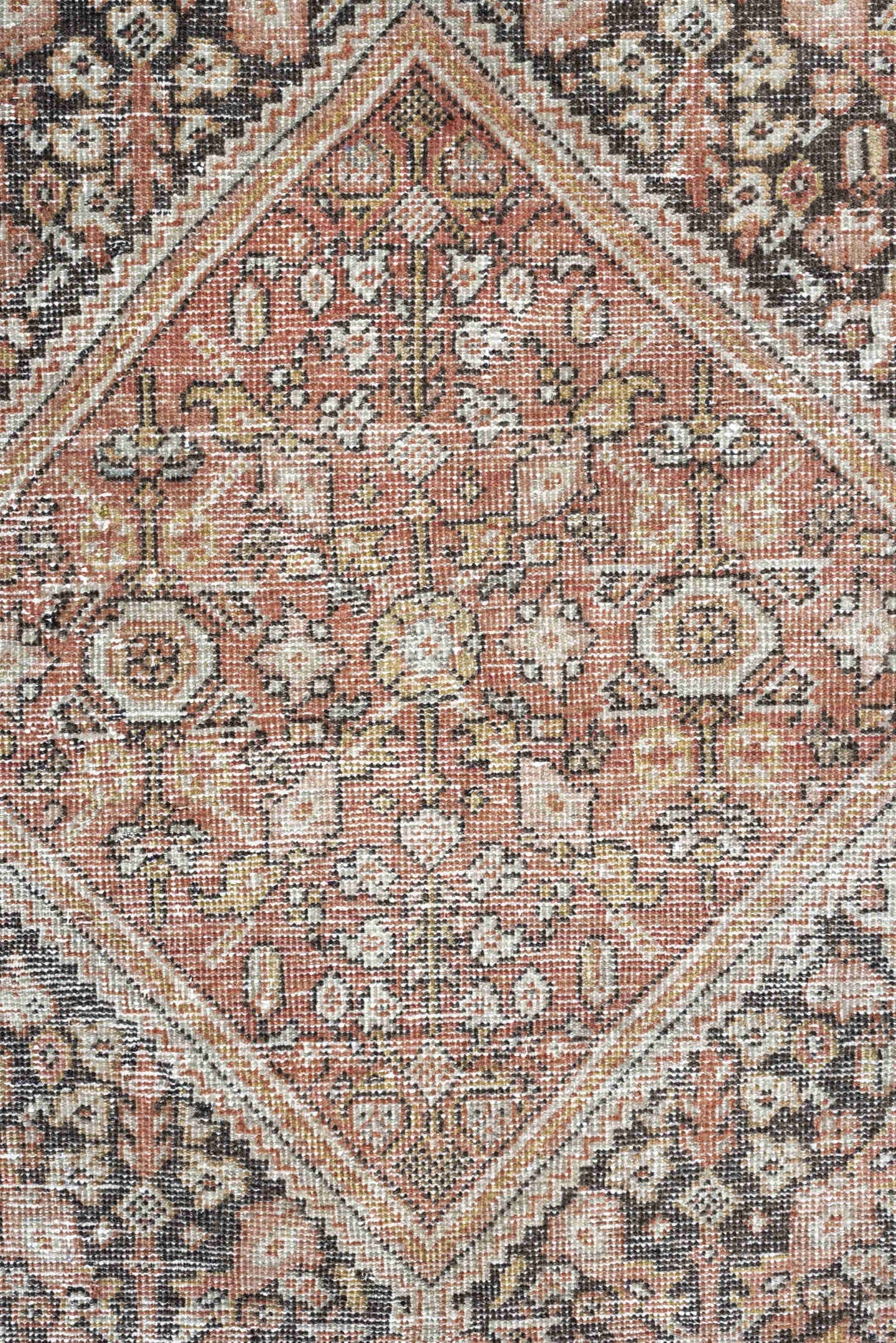4' x 6' one-of-a-kind handmade vintage Mahal small size rug. Color palette: terra cotta, charcoal, ivory, rose, gold, taupe