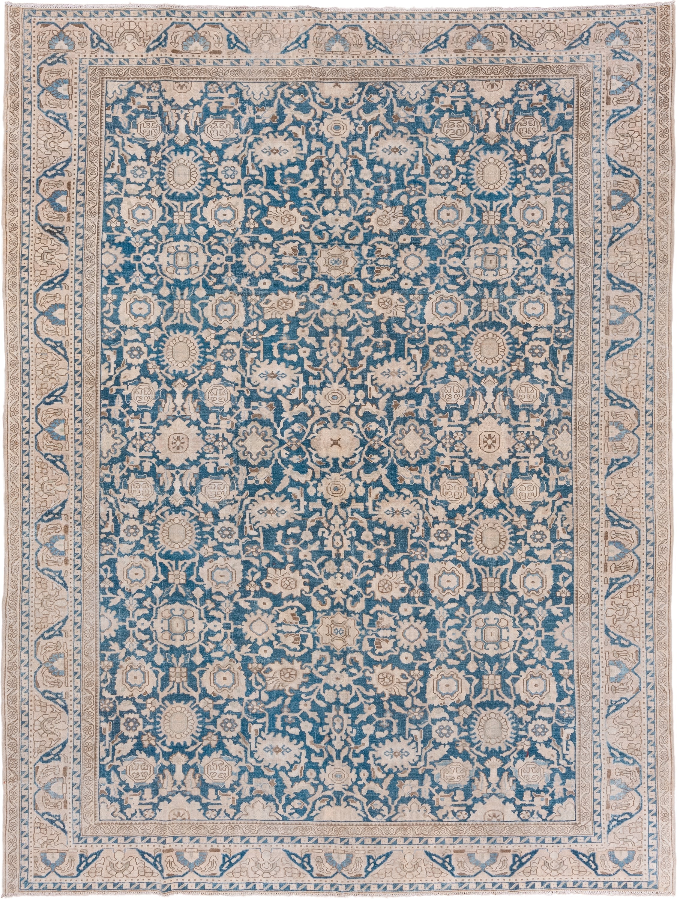 8' x 11' one-of-a-kind handmade vintage Malayer large size rug. Color palette: ivory, sky blue, beige, taupe, camel