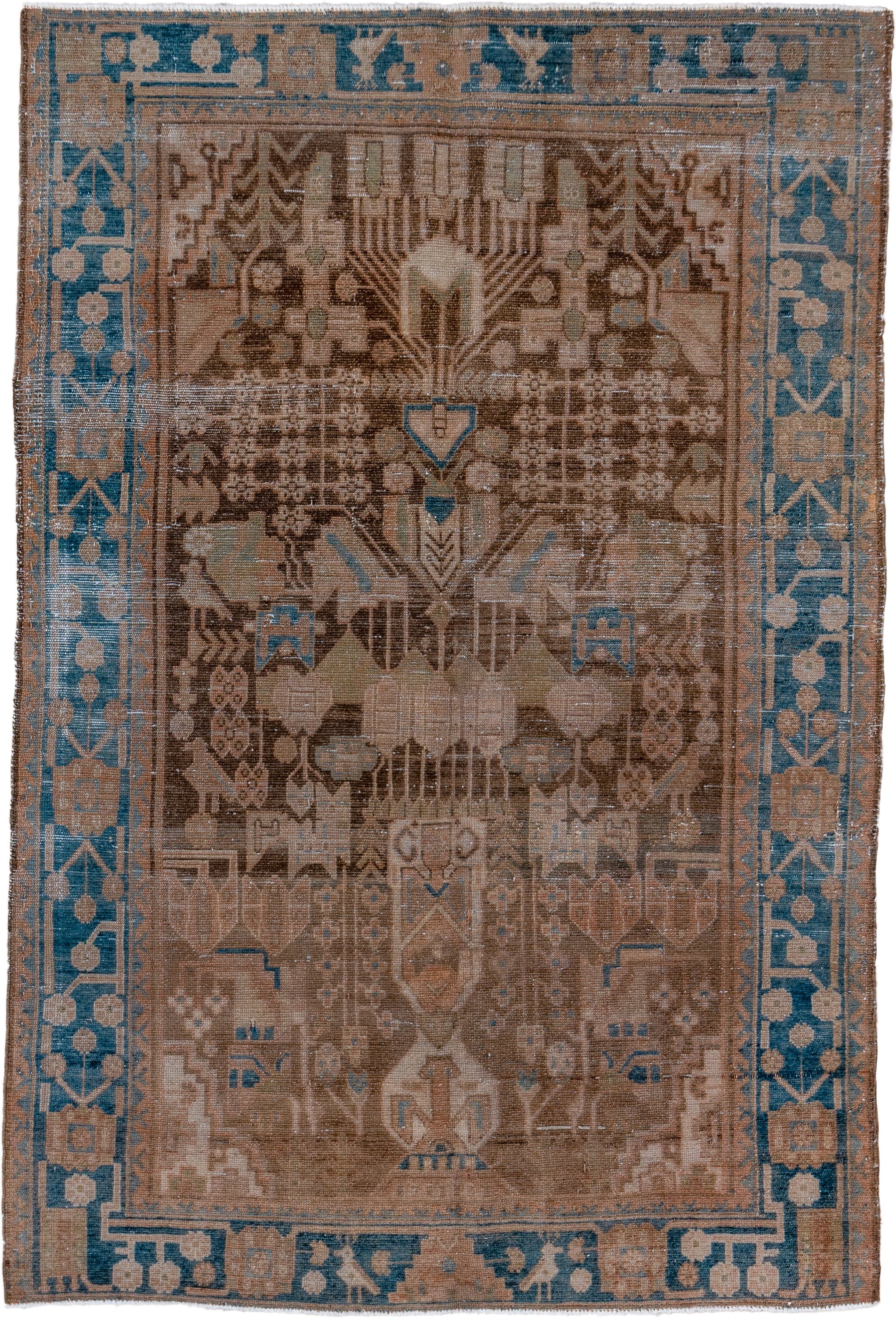 4' x 6' one-of-a-kind handmade vintage Malayer small size rug. Color palette: taupe, brown, sky_blue, ivory, camel, slate