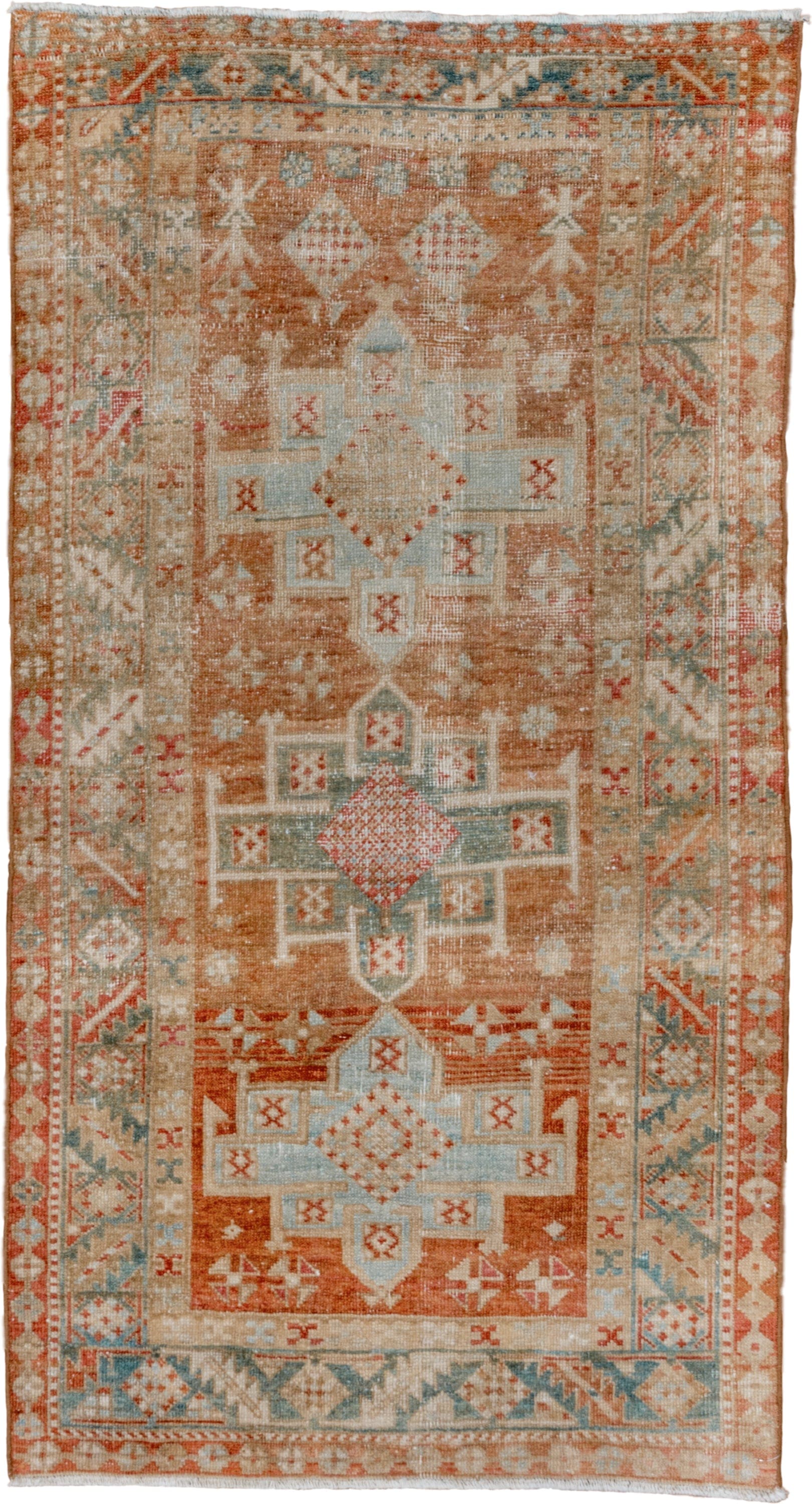3' x 5' one-of-a-kind handmade vintage Heriz small size rug. Color palette: terra cotta, ivory, pale blue, rust, camel, sage