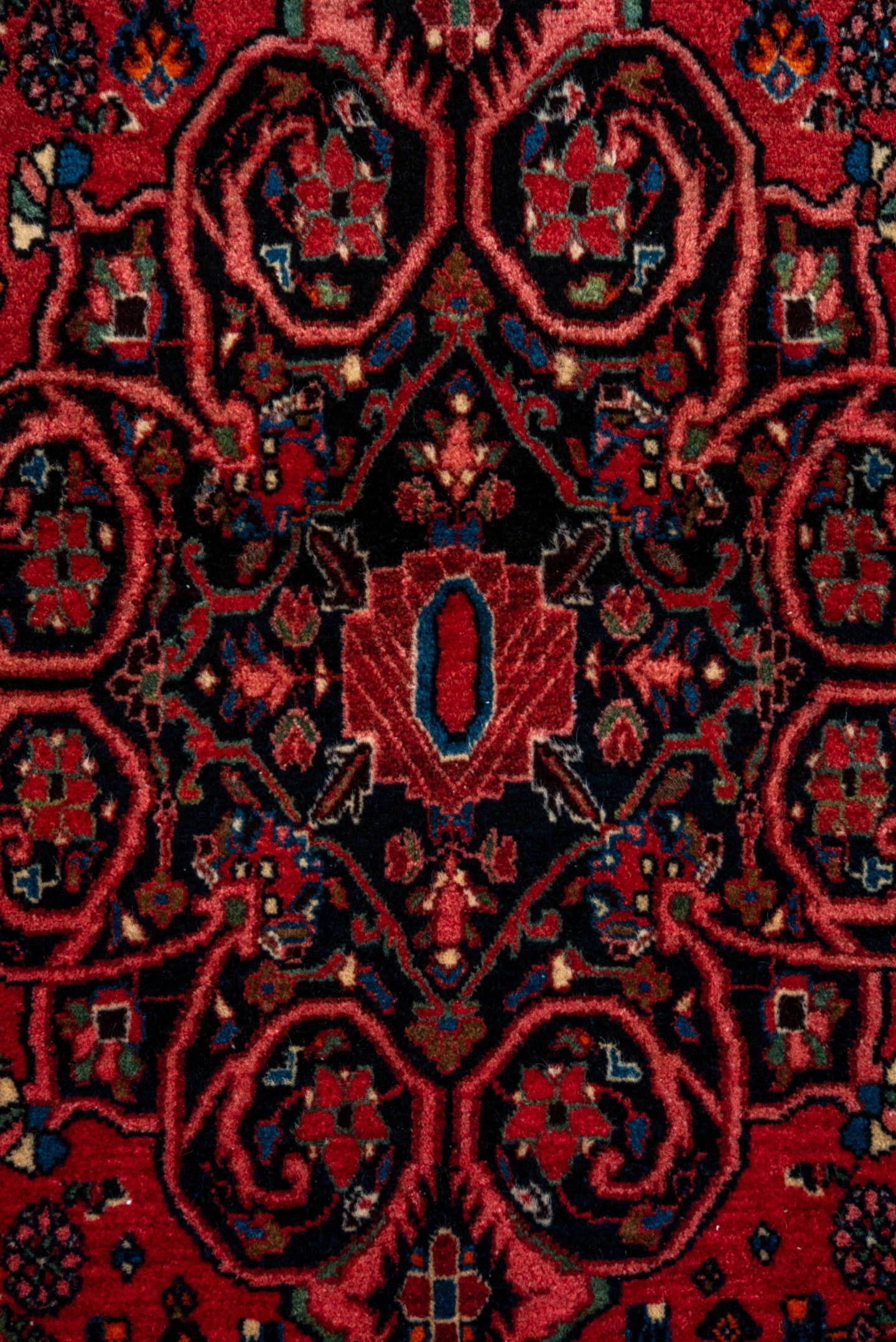3' x 5' one-of-a-kind handmade vintage Bidjar small size rug. Color palette: coral, navy, sky blue, rose, ivory, charcoal