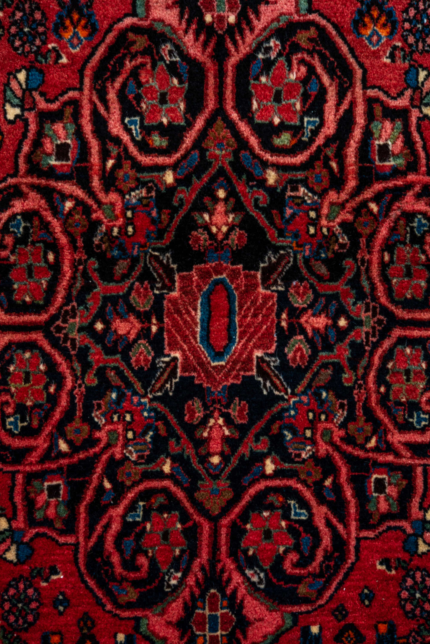 3' x 5' one-of-a-kind handmade vintage Bidjar small size rug. Color palette: coral, navy, sky blue, rose, ivory, charcoal