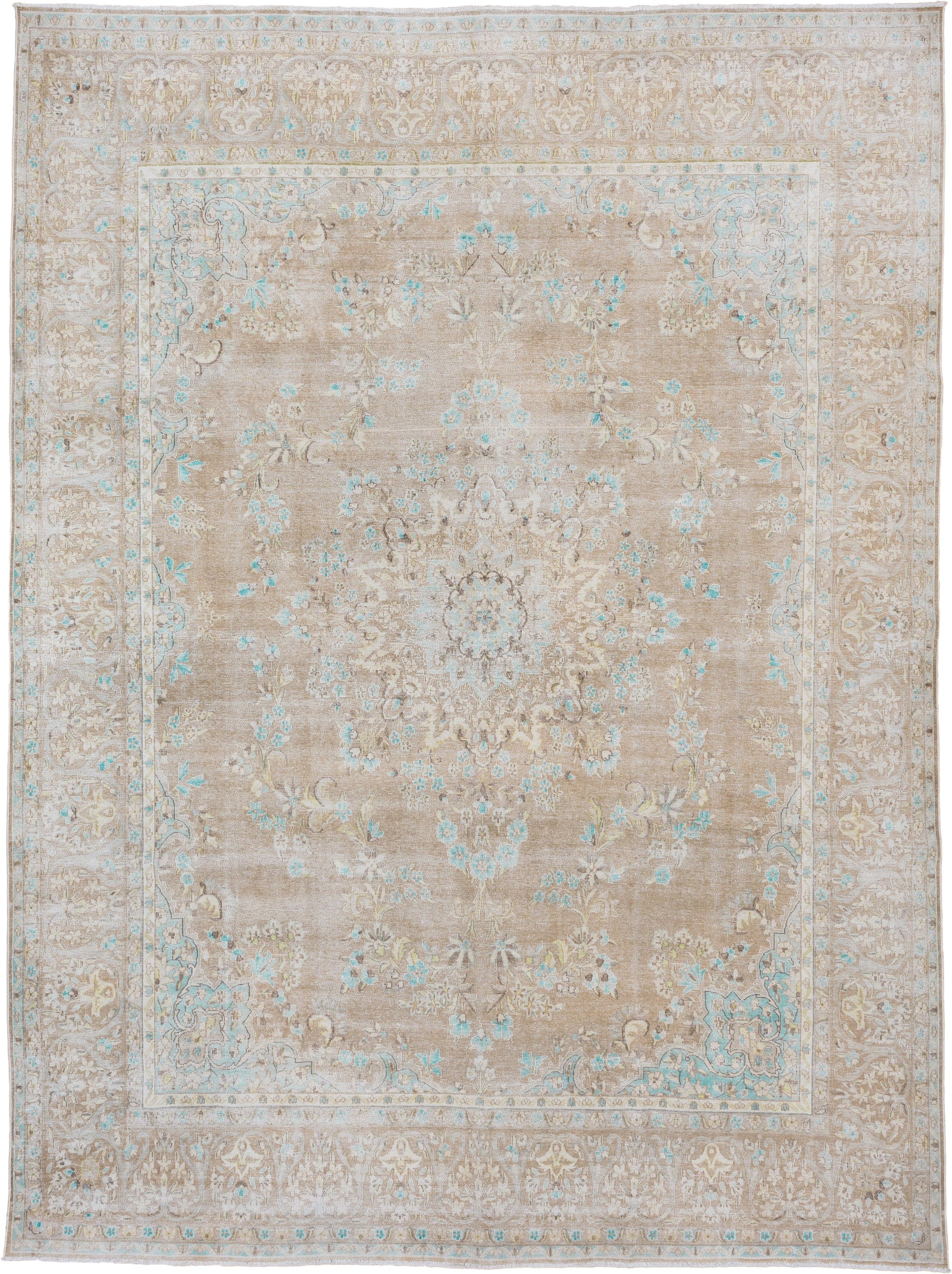 9' x 12' one-of-a-kind handmade vintage Kerman large size rug. Color palette: taupe, ivory, aqua, beige, cream, pale gold