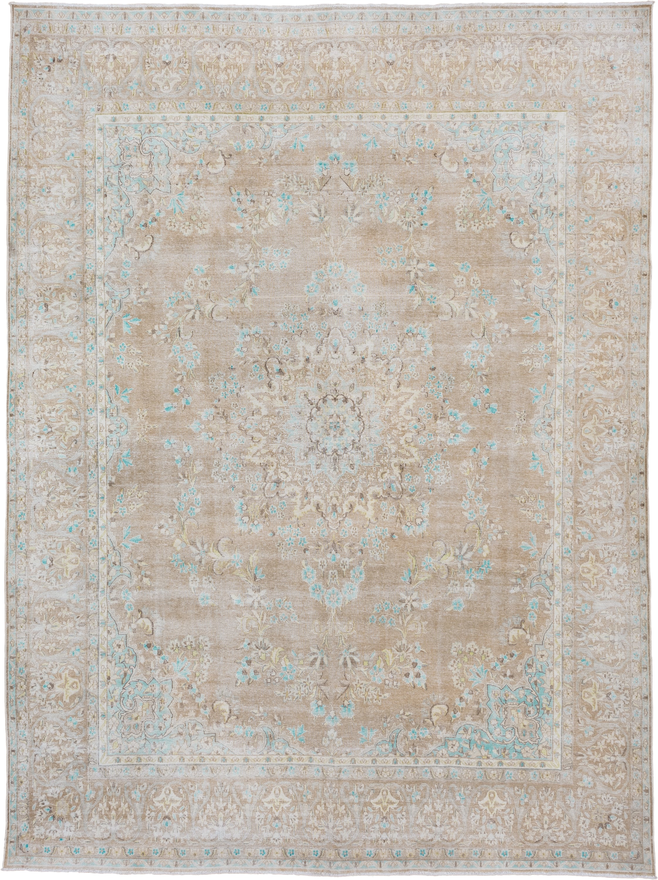 9' x 12' one-of-a-kind handmade vintage Kerman large size rug. Color palette: taupe, ivory, aqua, beige, cream, pale gold