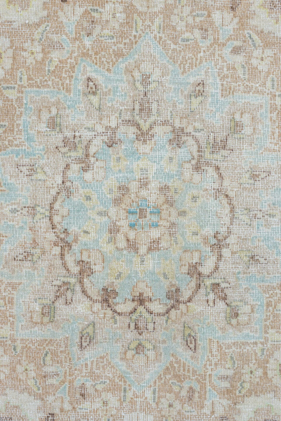 9' x 12' one-of-a-kind handmade vintage Kerman large size rug. Color palette: taupe, ivory, aqua, beige, cream, pale gold