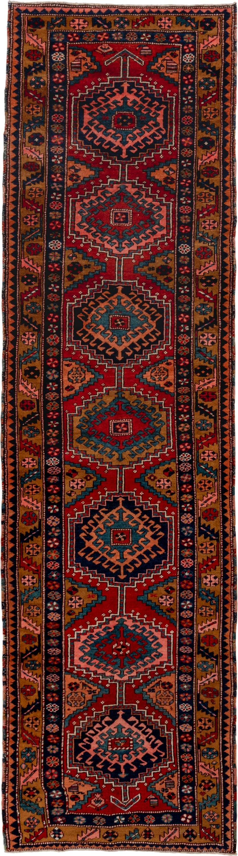 3' x 12' one-of-a-kind handmade vintage Heriz runner rug. Color palette: rust, navy, terra cotta, camel, ivory, teal, rose