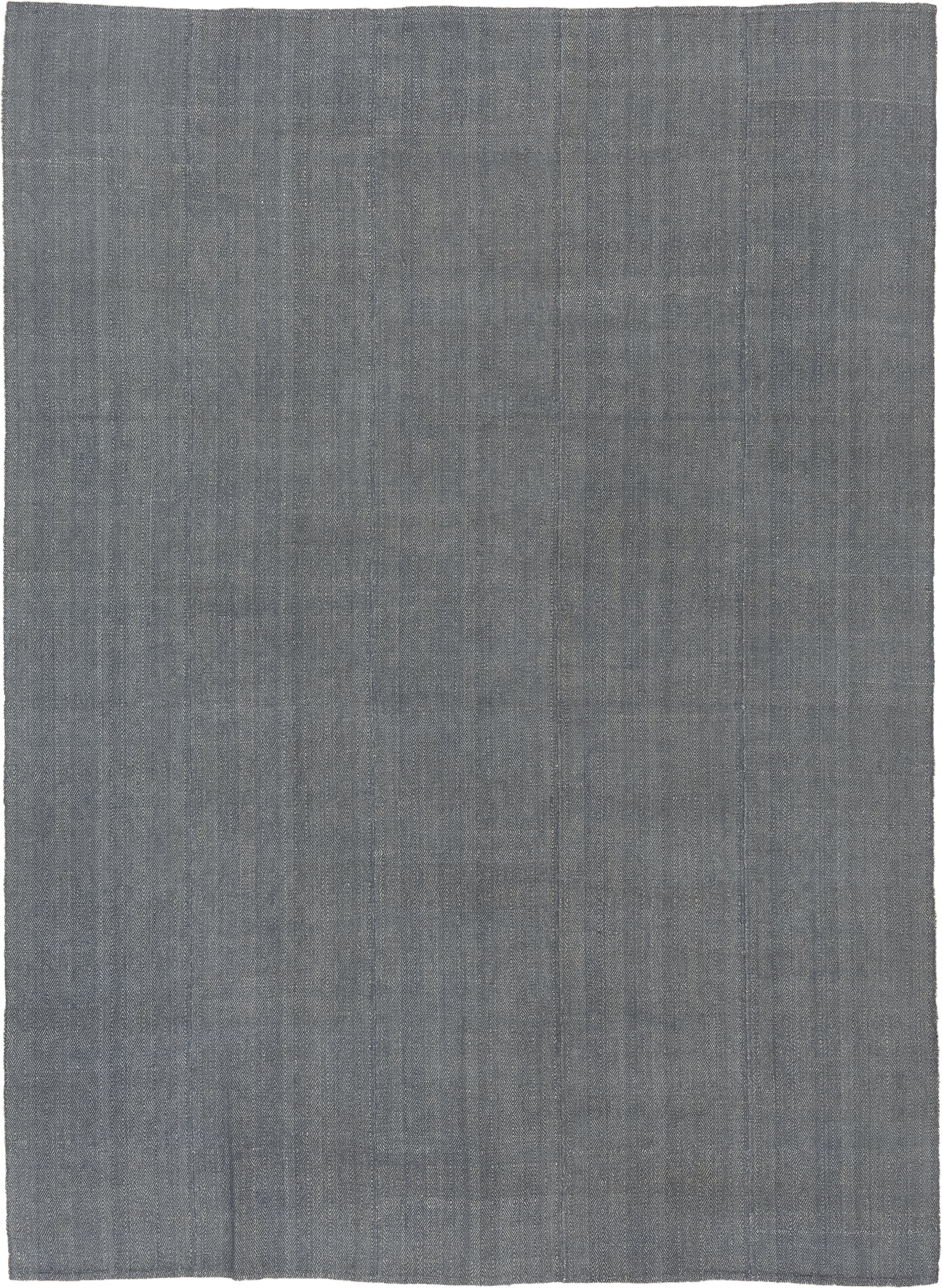 9' x 12' one-of-a-kind handmade vintage Kilim large size rug. Color palette: gray, charcoal, slate, ivory, black