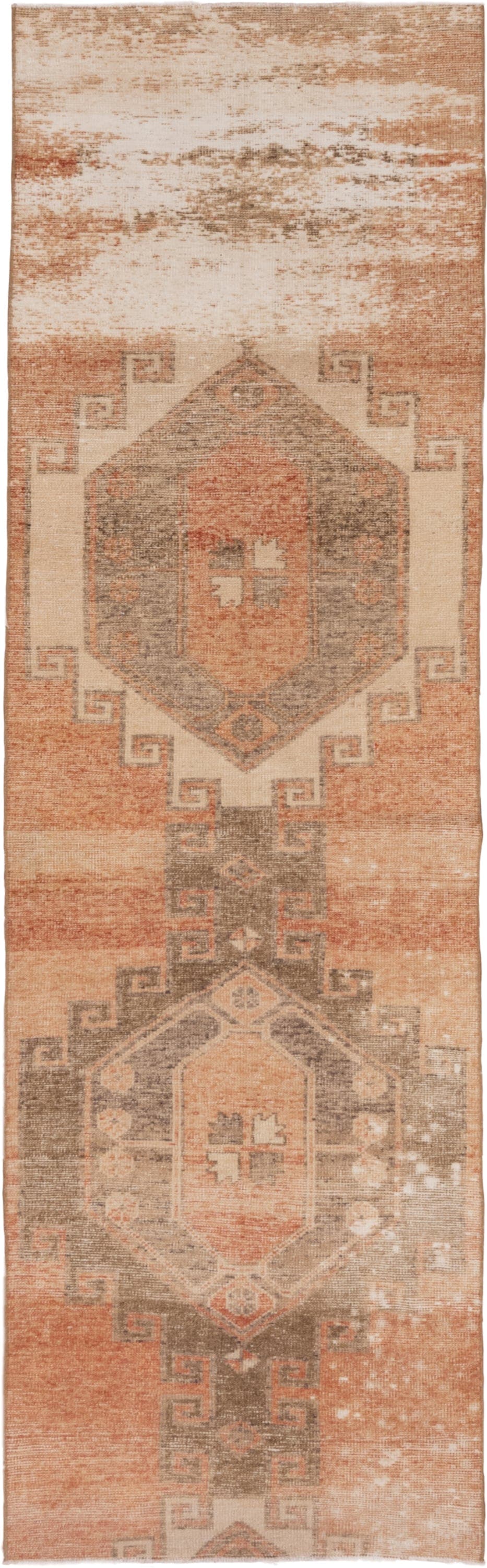 2' x 9' one-of-a-kind handmade vintage Oushak runner rug. Color palette: terra cotta, ivory, taupe, camel, peach, sage