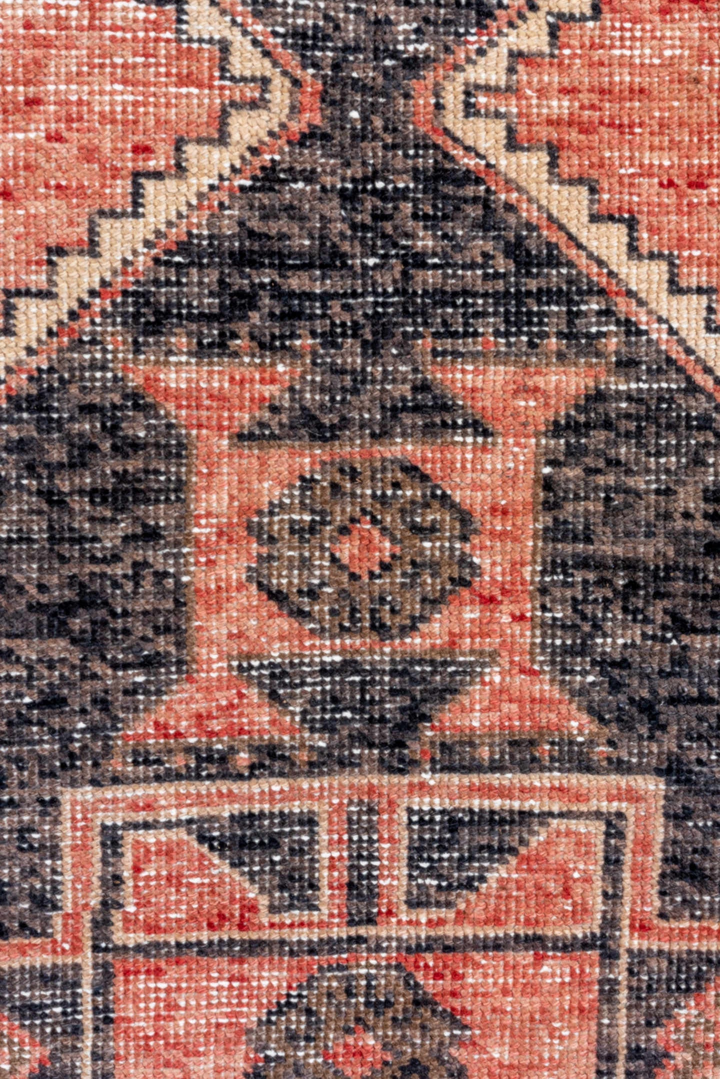 3' x 6' one-of-a-kind handmade vintage Oushak runner rug. Color palette: coral, charcoal, ivory, rose, taupe, terracotta