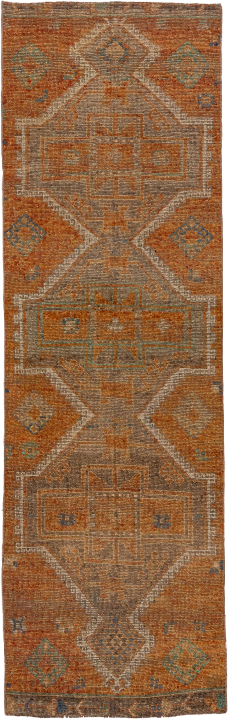 3' x 10' one-of-a-kind handmade vintage Oushak runner rug. Color palette: terra cotta, taupe, camel, aqua, ivory, slate