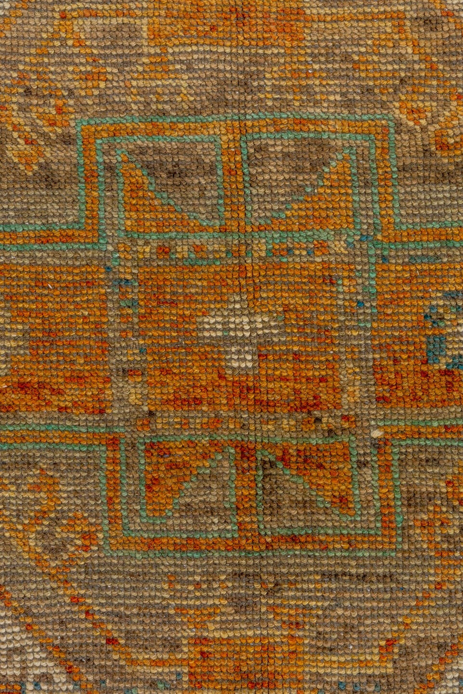 3' x 10' one-of-a-kind handmade vintage Oushak runner rug. Color palette: terra cotta, taupe, camel, aqua, ivory, slate