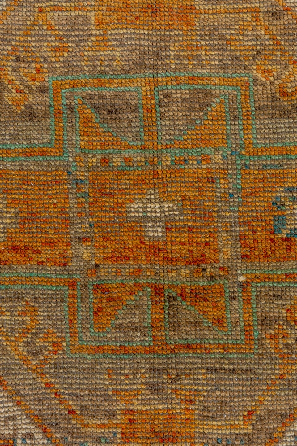 3' x 10' one-of-a-kind handmade vintage Oushak runner rug. Color palette: terra cotta, taupe, camel, aqua, ivory, slate