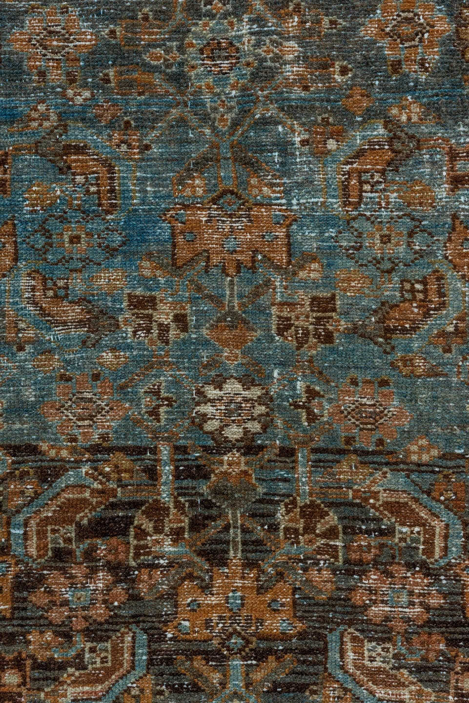 3' x 5' one-of-a-kind handmade vintage Malayer small size rug. Color palette: rust, blue, brown, ivory, camel, charcoal