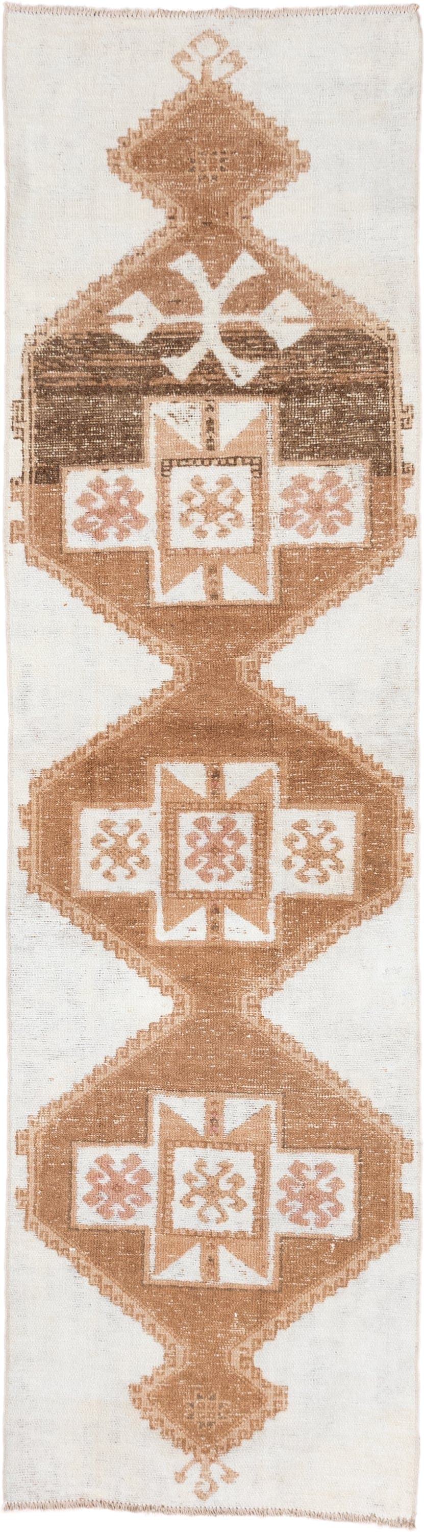 2' x 9' one-of-a-kind handmade vintage Oushak runner rug. Color palette: ivory, camel, taupe, beige, gray