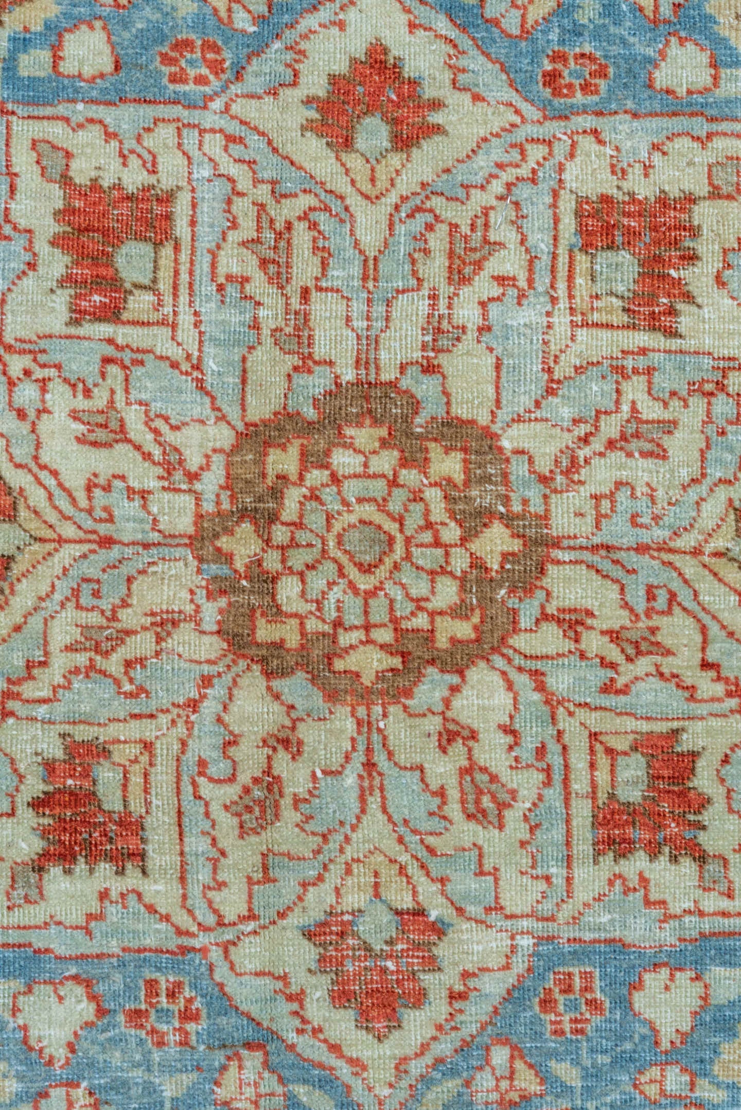 11' x 13' one-of-a-kind handmade vintage Tabriz oversize rug. Color palette: ivory, sky blue, rust, camel, taupe, terracotta