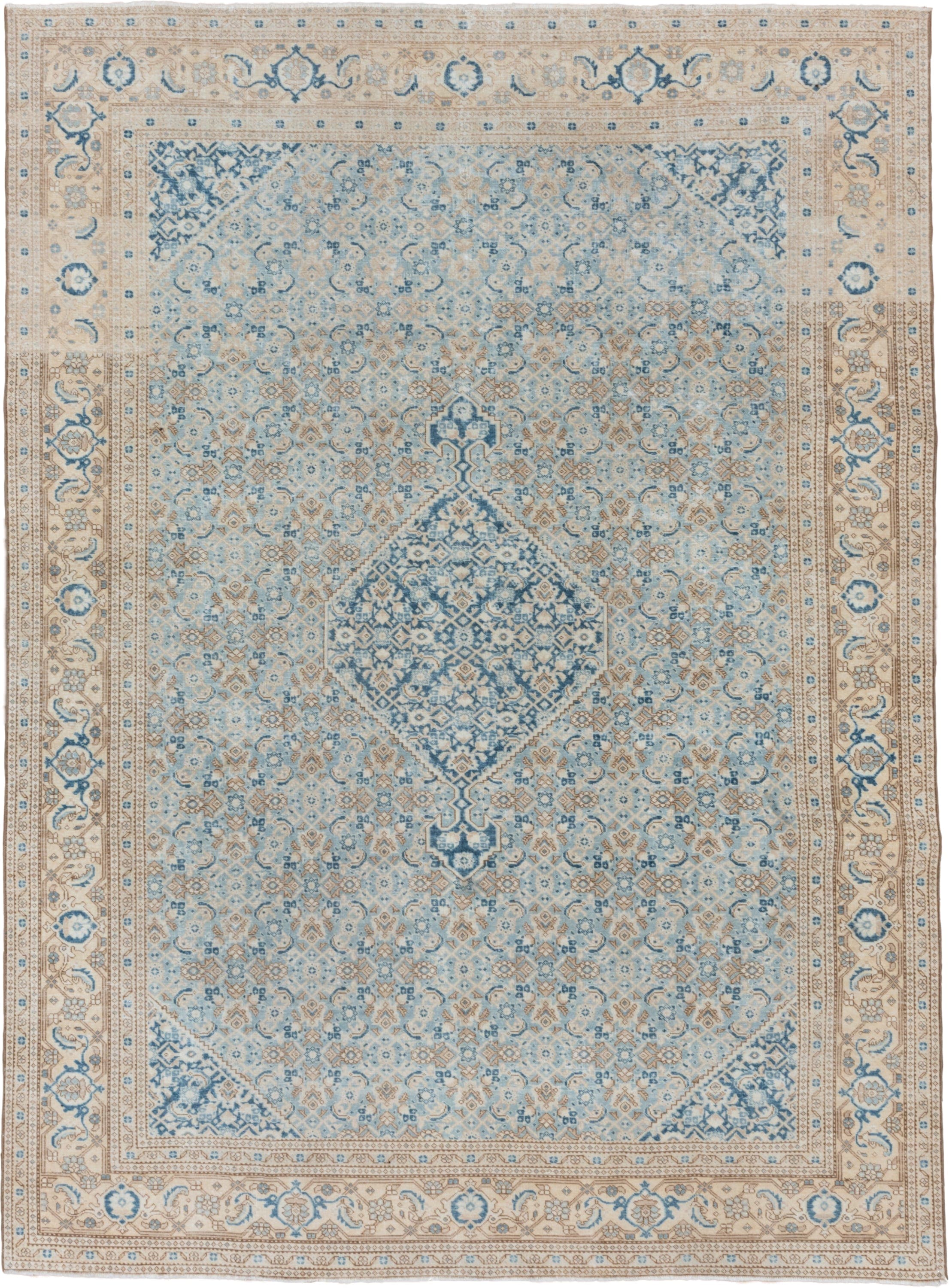 7' x 10' one-of-a-kind handmade vintage Tabriz large size rug. Color palette: ivory, sky blue, beige, tan, slate, camel