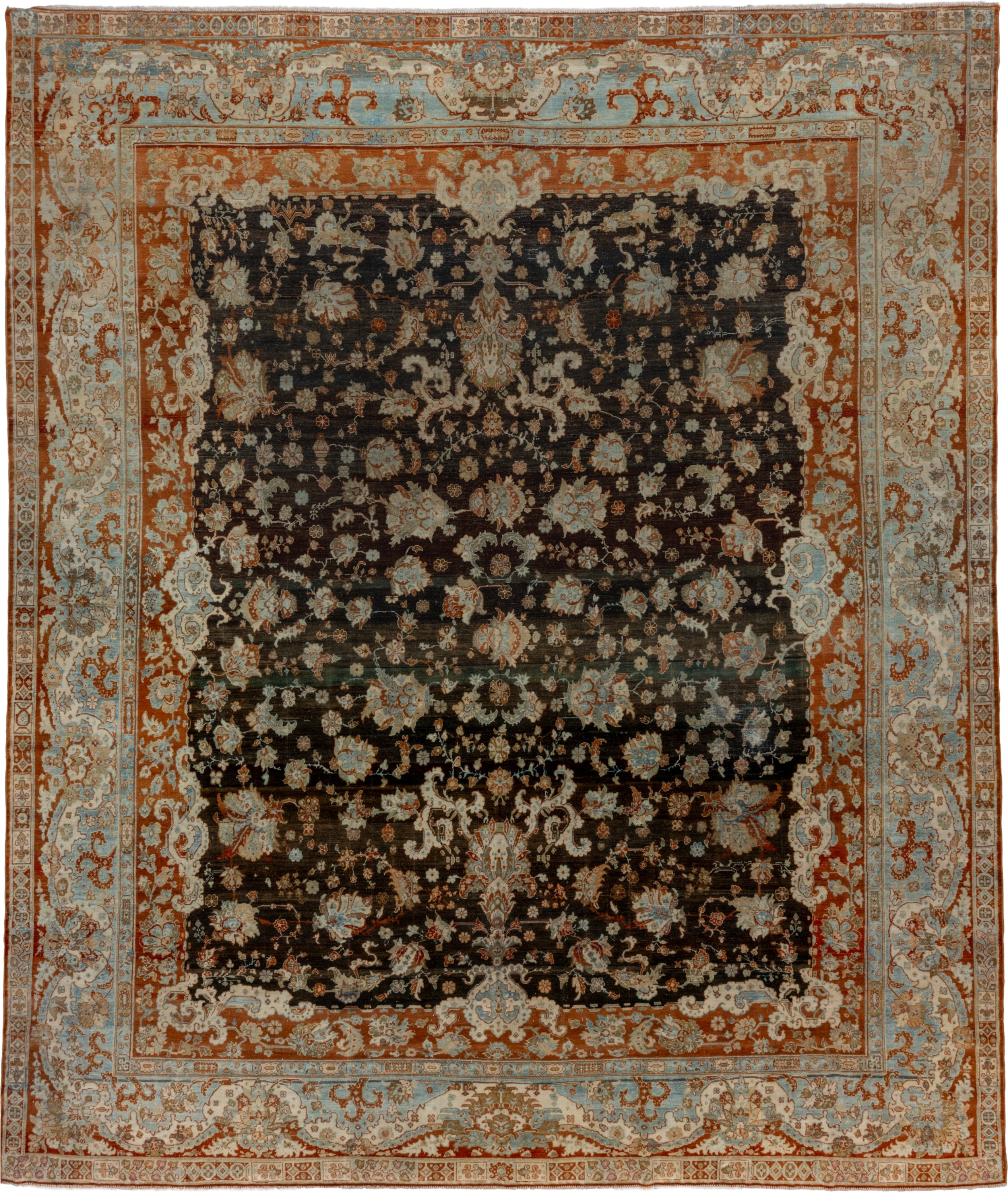 12' x 14' one-of-a-kind handmade vintage Malayer oversize rug. Color palette: charcoal, ivory, rust, pale blue, camel, taupe
