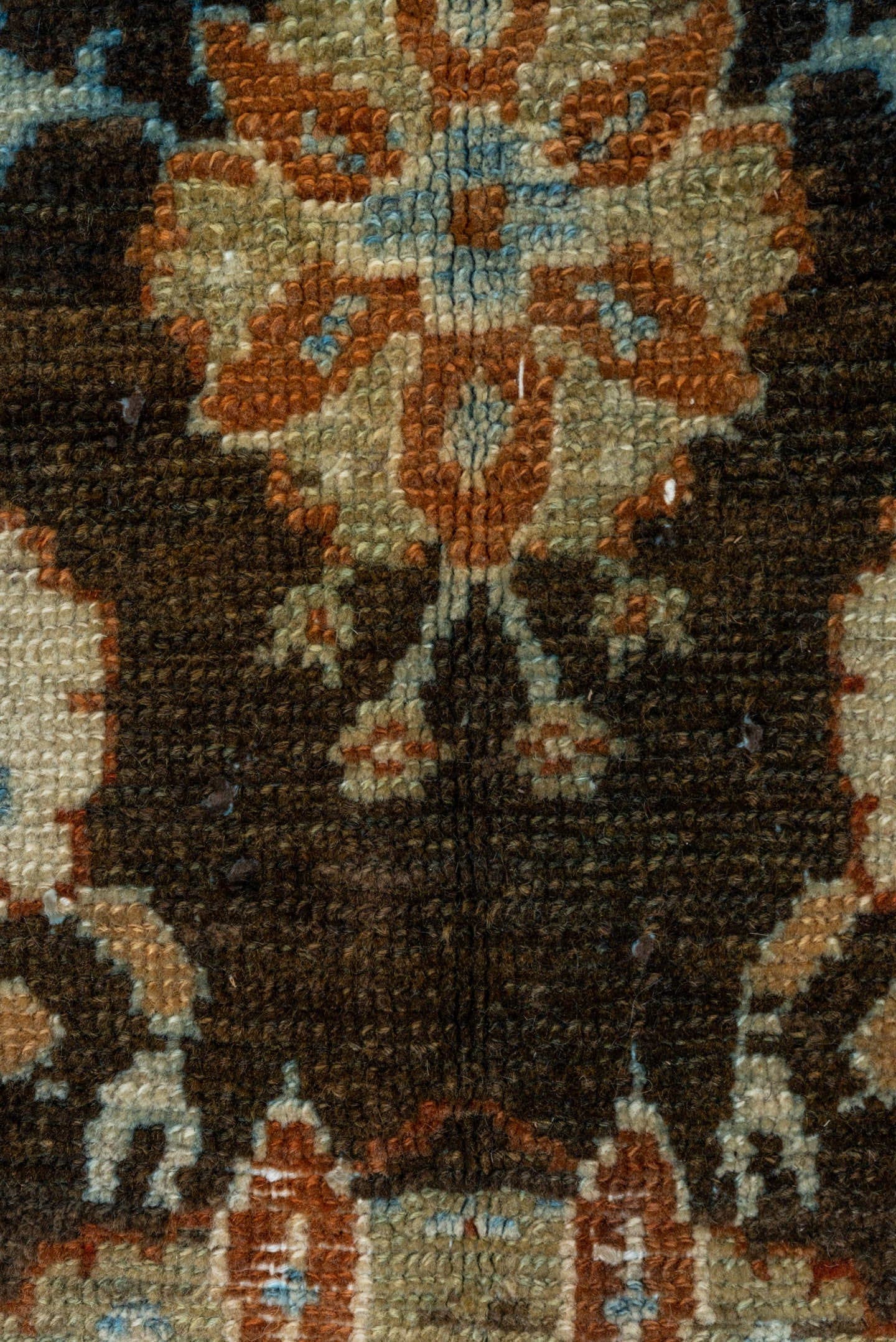 12' x 14' one-of-a-kind handmade vintage Malayer oversize rug. Color palette: charcoal, ivory, rust, pale blue, camel, taupe