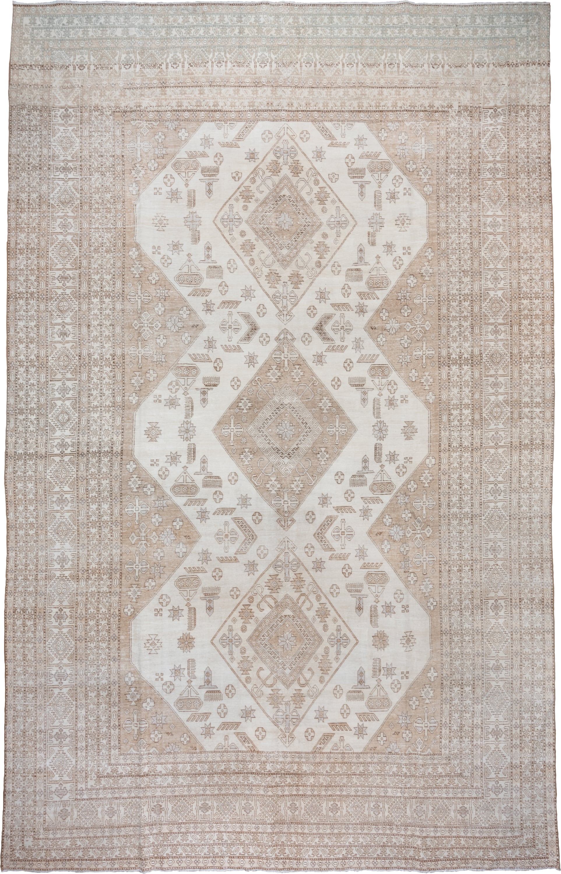 11' x 18' one-of-a-kind handmade vintage Tabriz oversize rug. Color palette: ivory, beige, taupe, sand, camel, gray