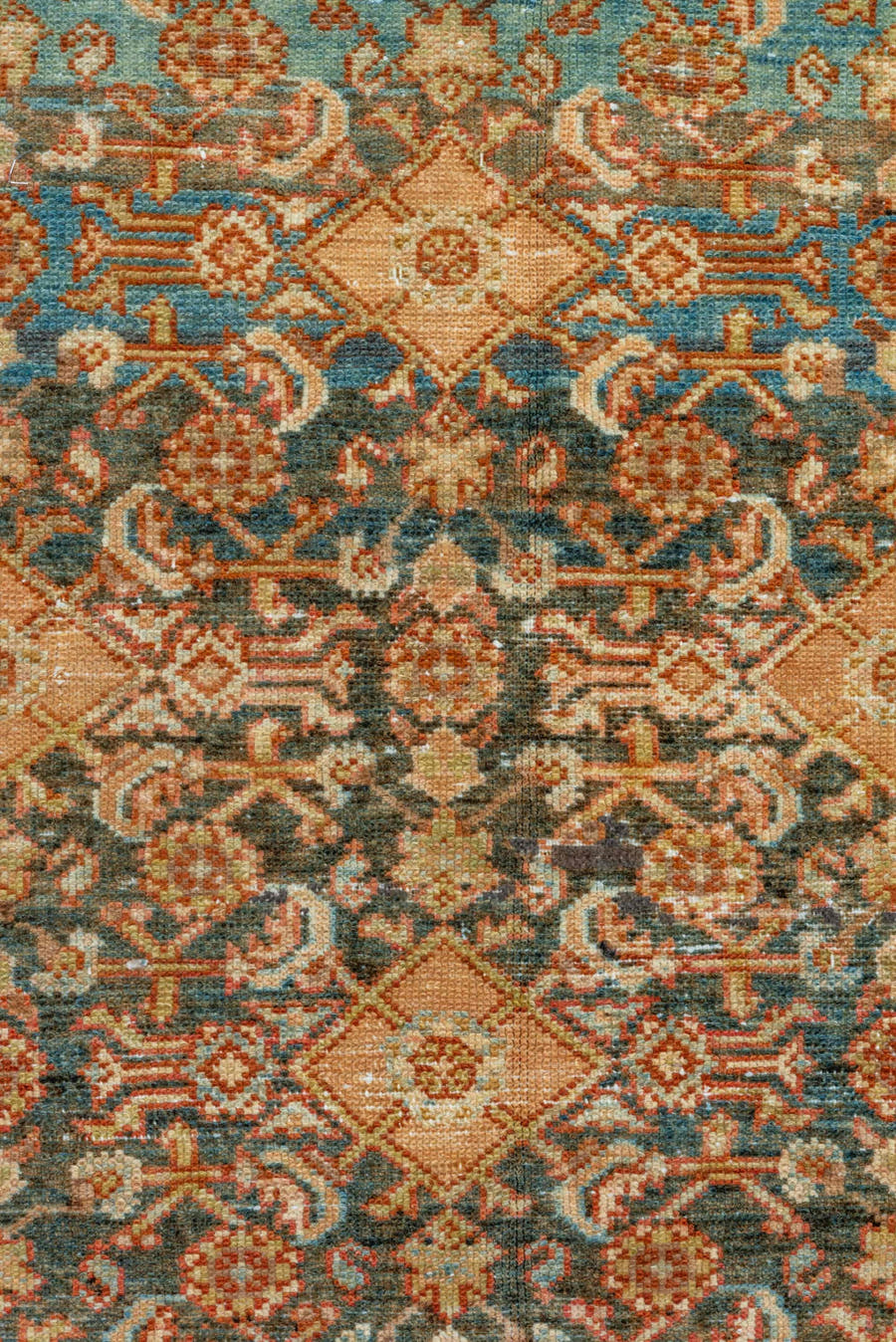11' x 20' one-of-a-kind handmade vintage Malayer oversize rug. Color palette: blue, camel, ivory, taupe, brown, peach, teal