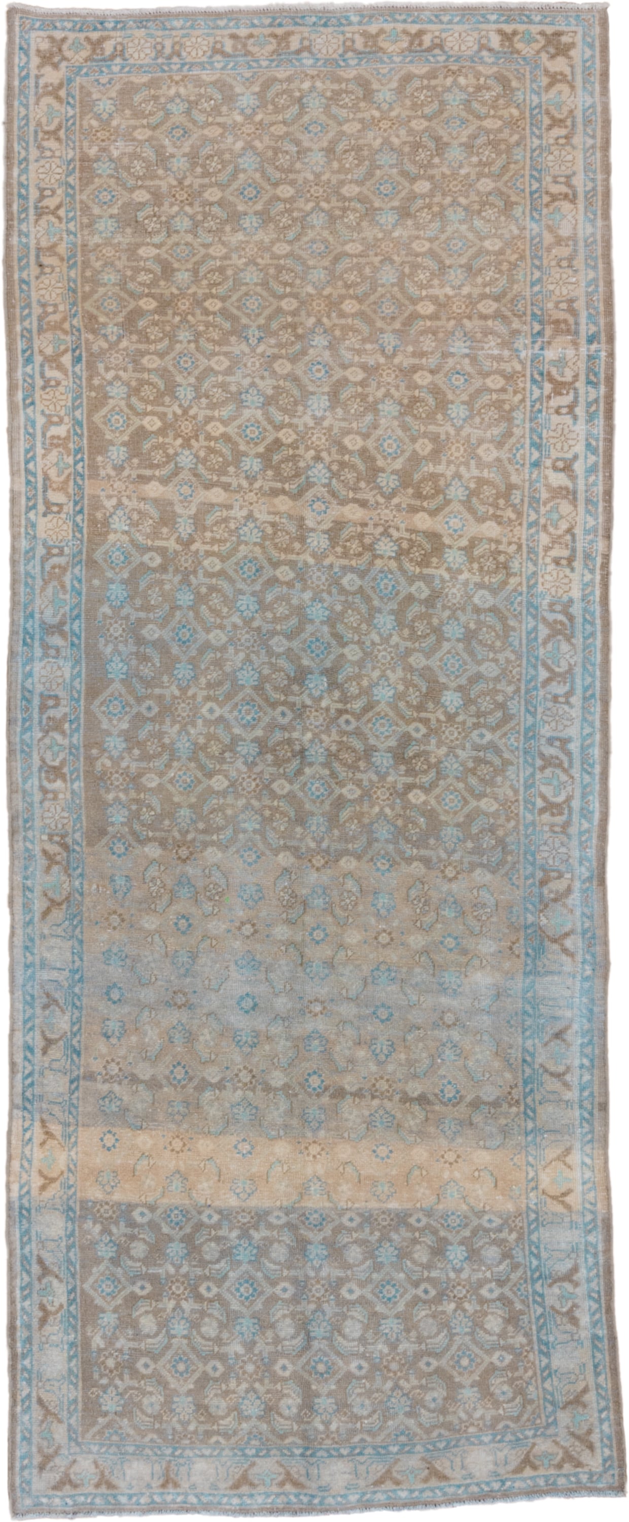 3' x 10' one-of-a-kind handmade vintage Mahal runner rug. Color palette: taupe, sky blue, ivory, beige, camel, light gray
