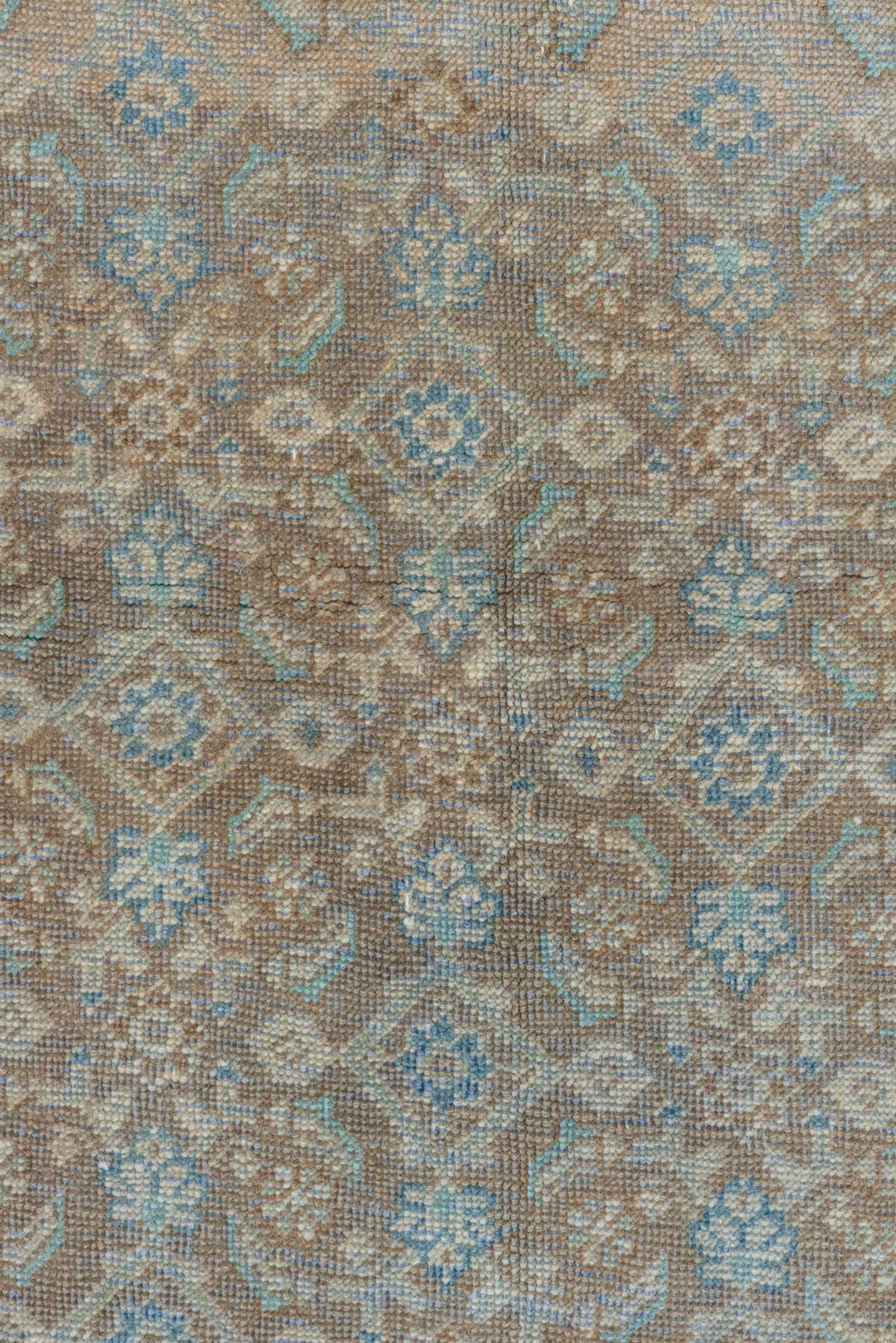 3' x 10' one-of-a-kind handmade vintage Mahal runner rug. Color palette: taupe, sky blue, ivory, beige, camel, light gray
