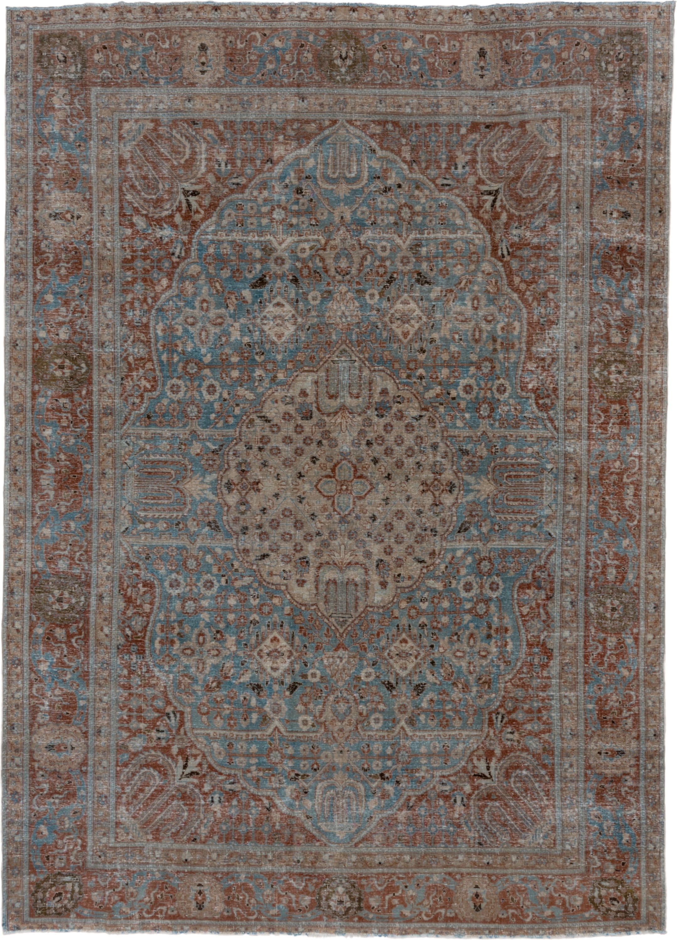 8' x 11' one-of-a-kind handmade vintage Tabriz large size rug. Color palette: sky blue, rust, ivory, taupe, camel, charcoal