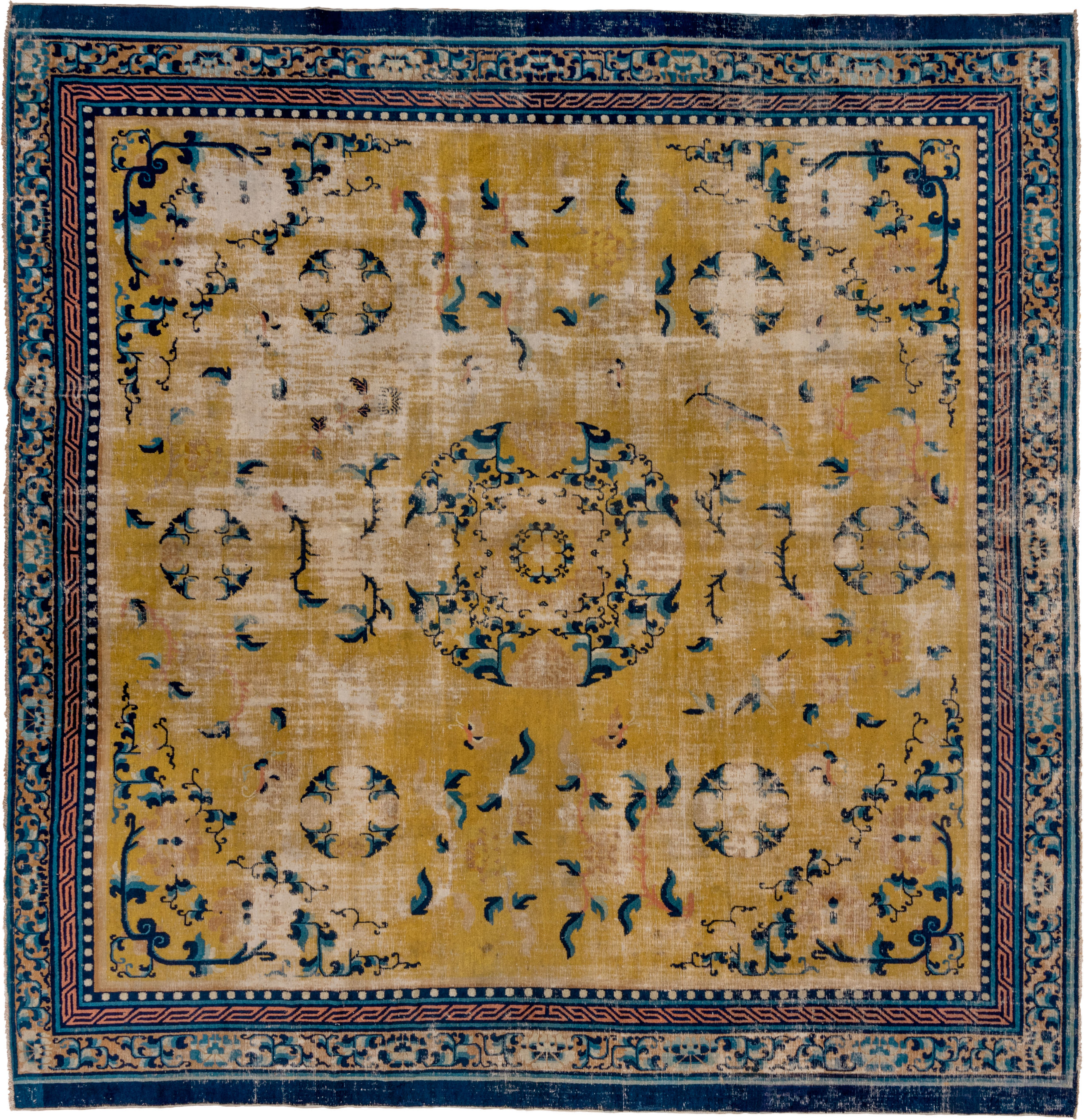 12' x 12' one-of-a-kind handmade vintage Chinese oversize rug. Color palette: gold, navy, ivory, sky_blue, camel, rose, blue