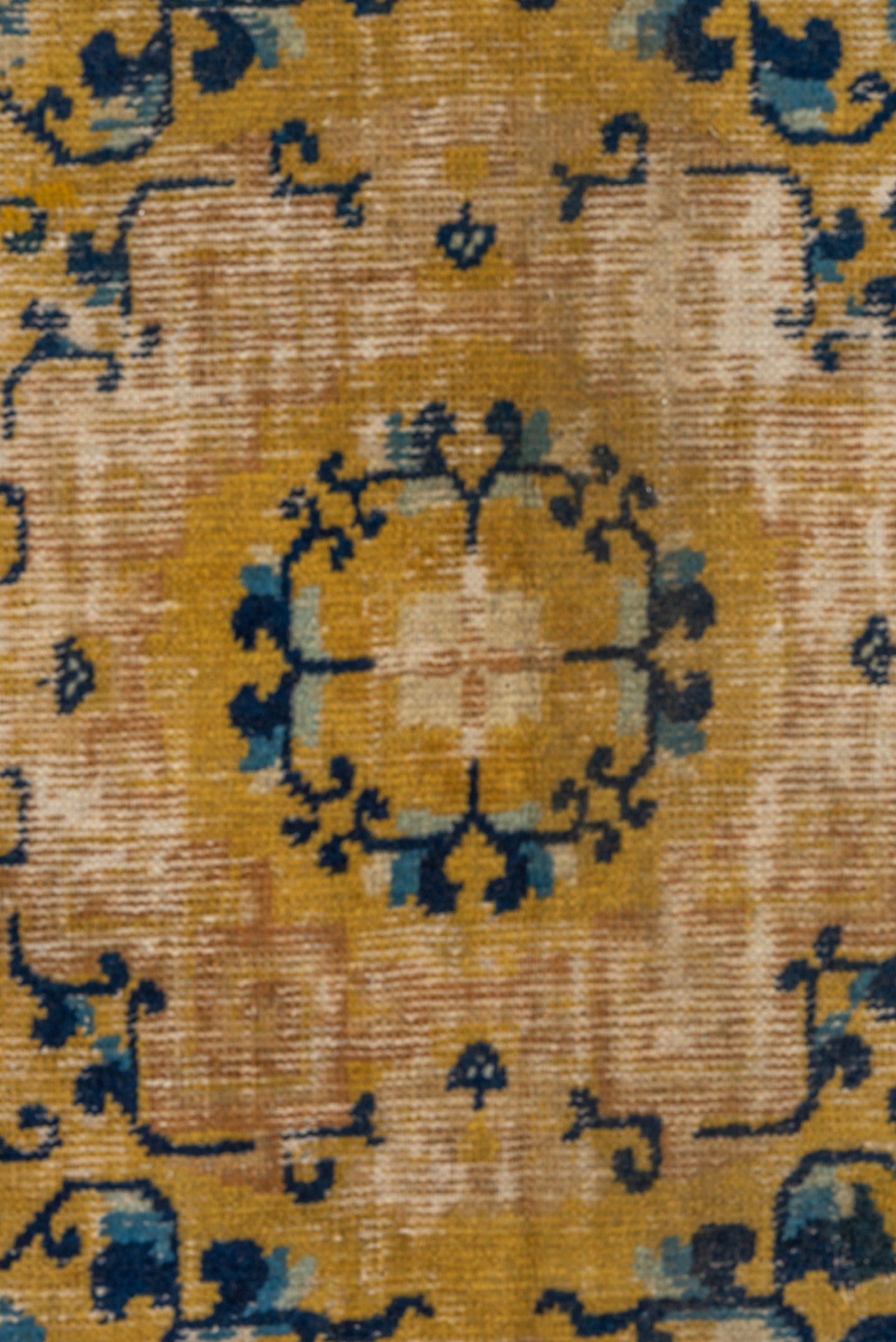 12' x 12' one-of-a-kind handmade vintage Chinese oversize rug. Color palette: gold, navy, ivory, sky_blue, camel, rose, blue