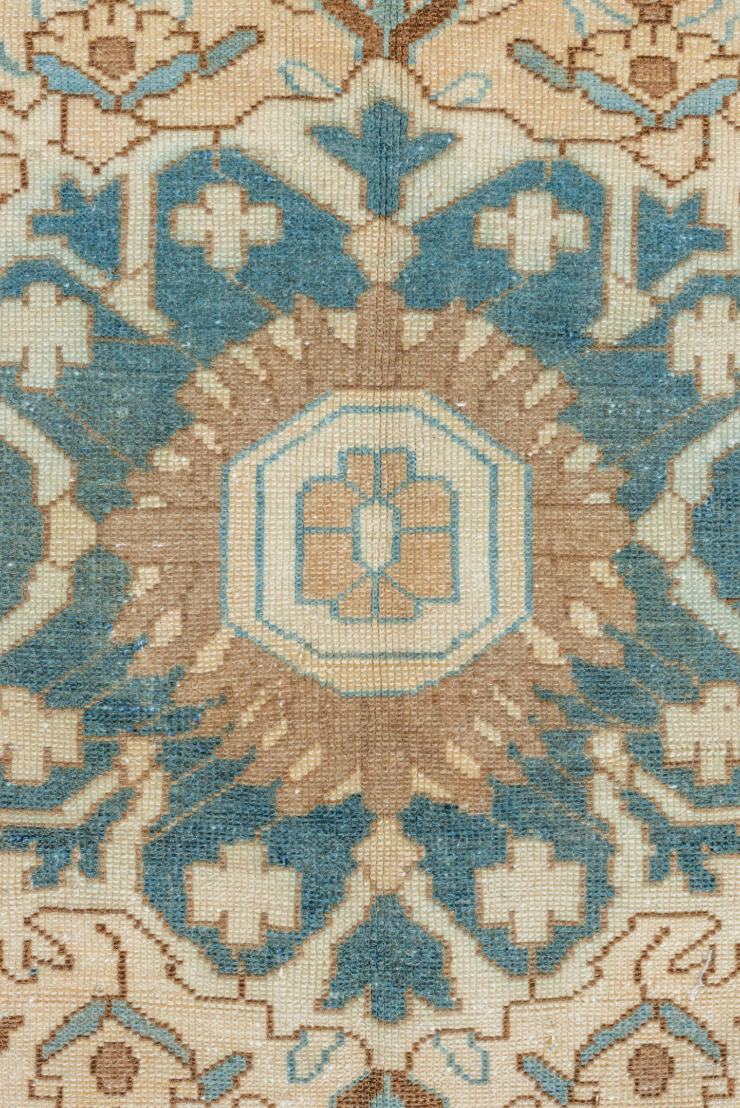 9' x 12' one-of-a-kind handmade vintage Baktiary large size rug. Color palette: sky blue, taupe, ivory, brown, camel, teal