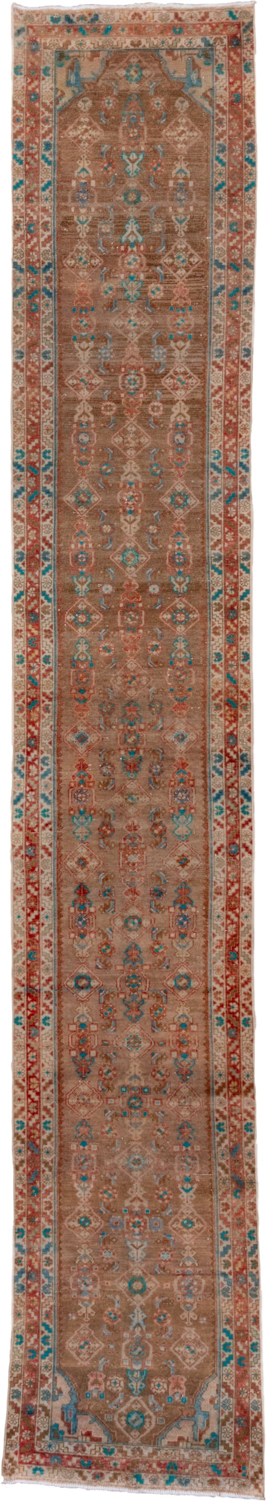 2' x 15' one-of-a-kind handmade vintage Malayer runner rug. Color palette: camel, rust, turquoise, ivory, taupe, terracotta