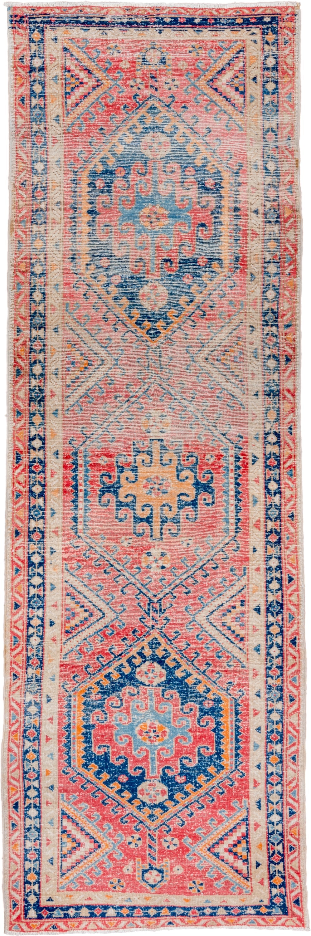 3' x 9' one-of-a-kind handmade vintage Heriz runner rug. Color palette: coral, ivory, navy, sky_blue, rose, saffron