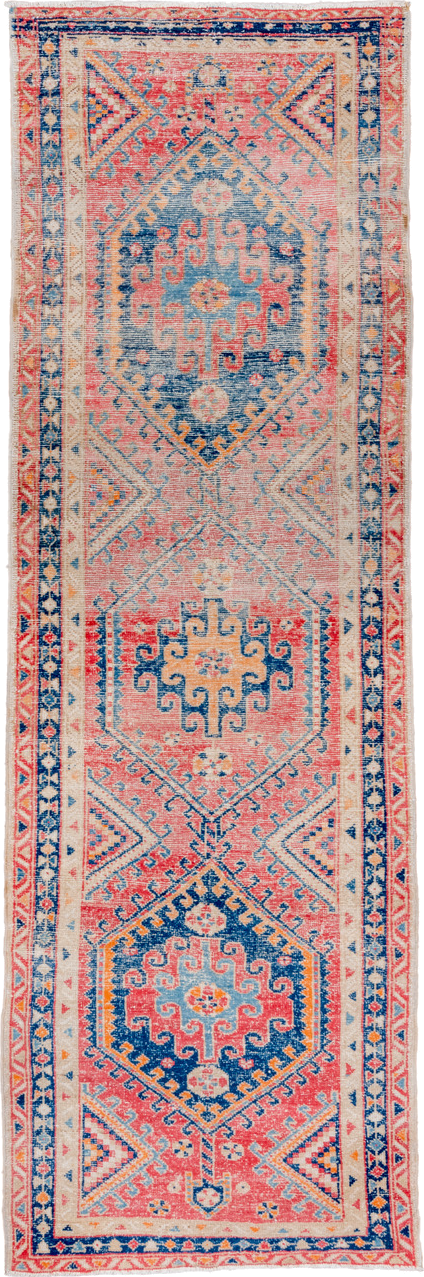 3' x 9' one-of-a-kind handmade vintage Heriz runner rug. Color palette: coral, ivory, navy, sky_blue, rose, saffron