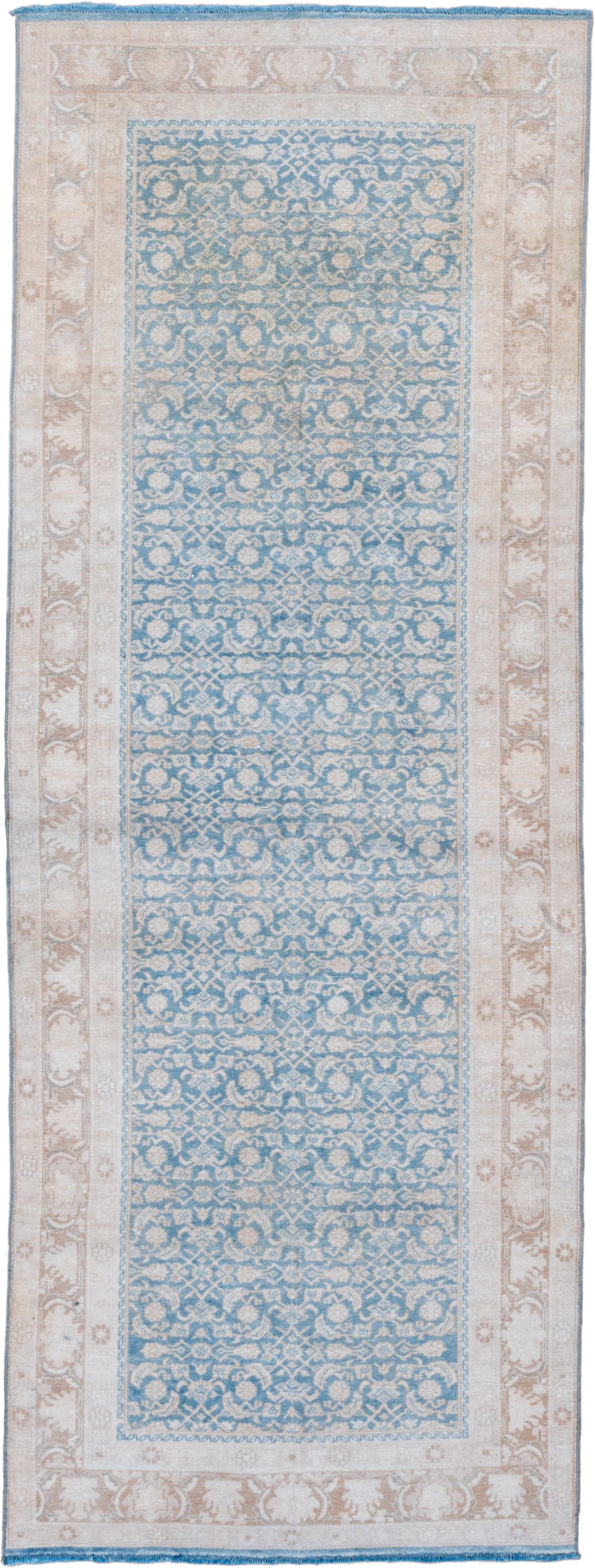 3' x 8' one-of-a-kind handmade vintage Tabriz runner rug. Color palette: sky blue, ivory, beige, taupe, light blue, gray