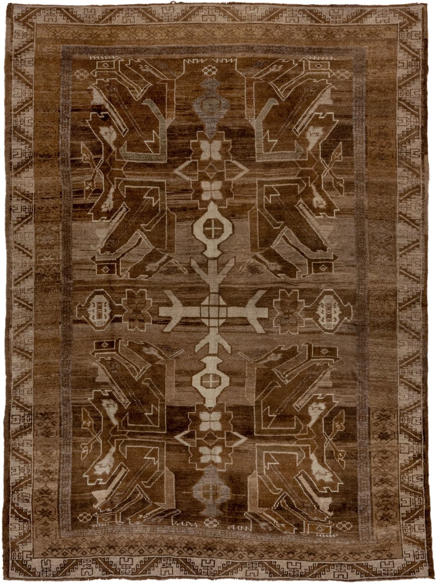 7' x 10' one-of-a-kind handmade vintage Kars large size rug. Color palette: brown, taupe, camel, ivory, charcoal, beige