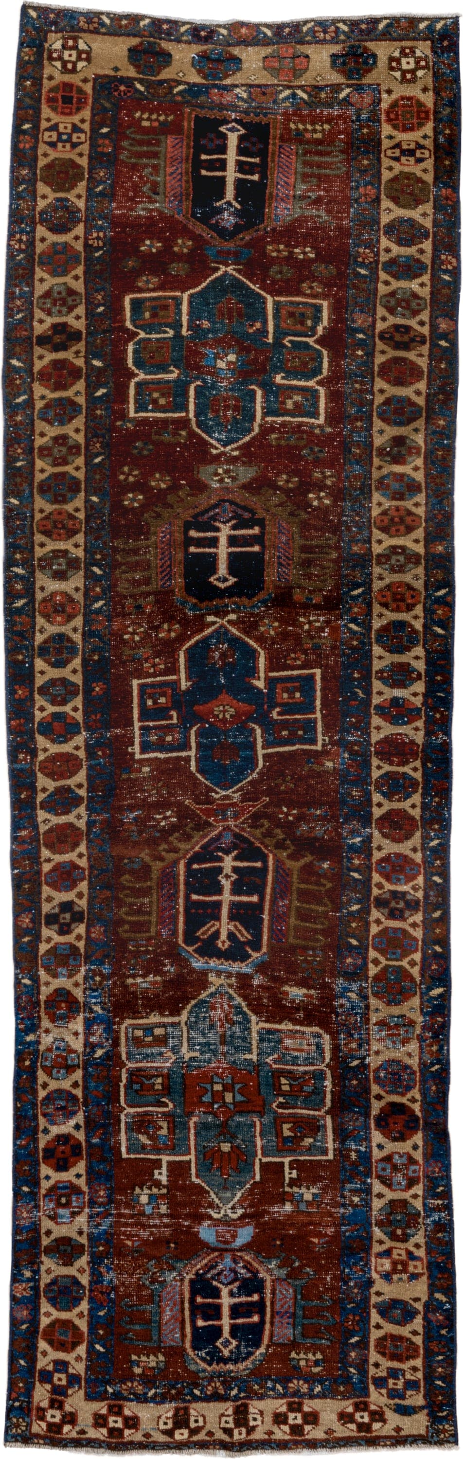 2' x 8' one-of-a-kind handmade vintage Heriz runner rug. Color palette: rust, ivory, navy, indigo, camel, taupe, burgundy