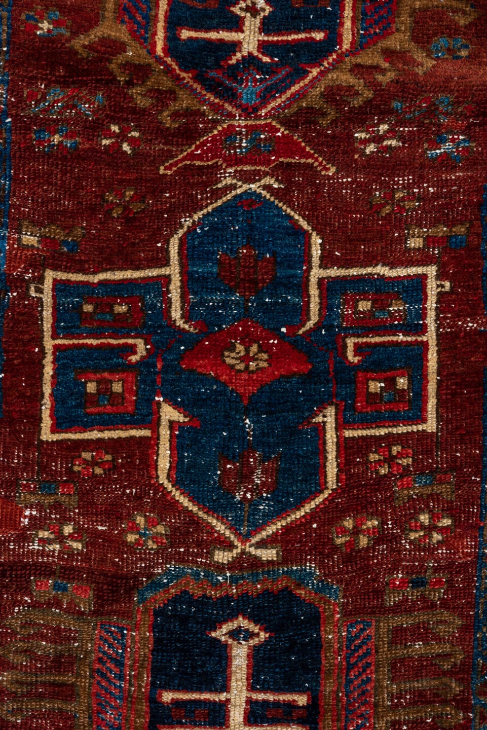 2' x 8' one-of-a-kind handmade vintage Heriz runner rug. Color palette: rust, ivory, navy, indigo, camel, taupe, burgundy