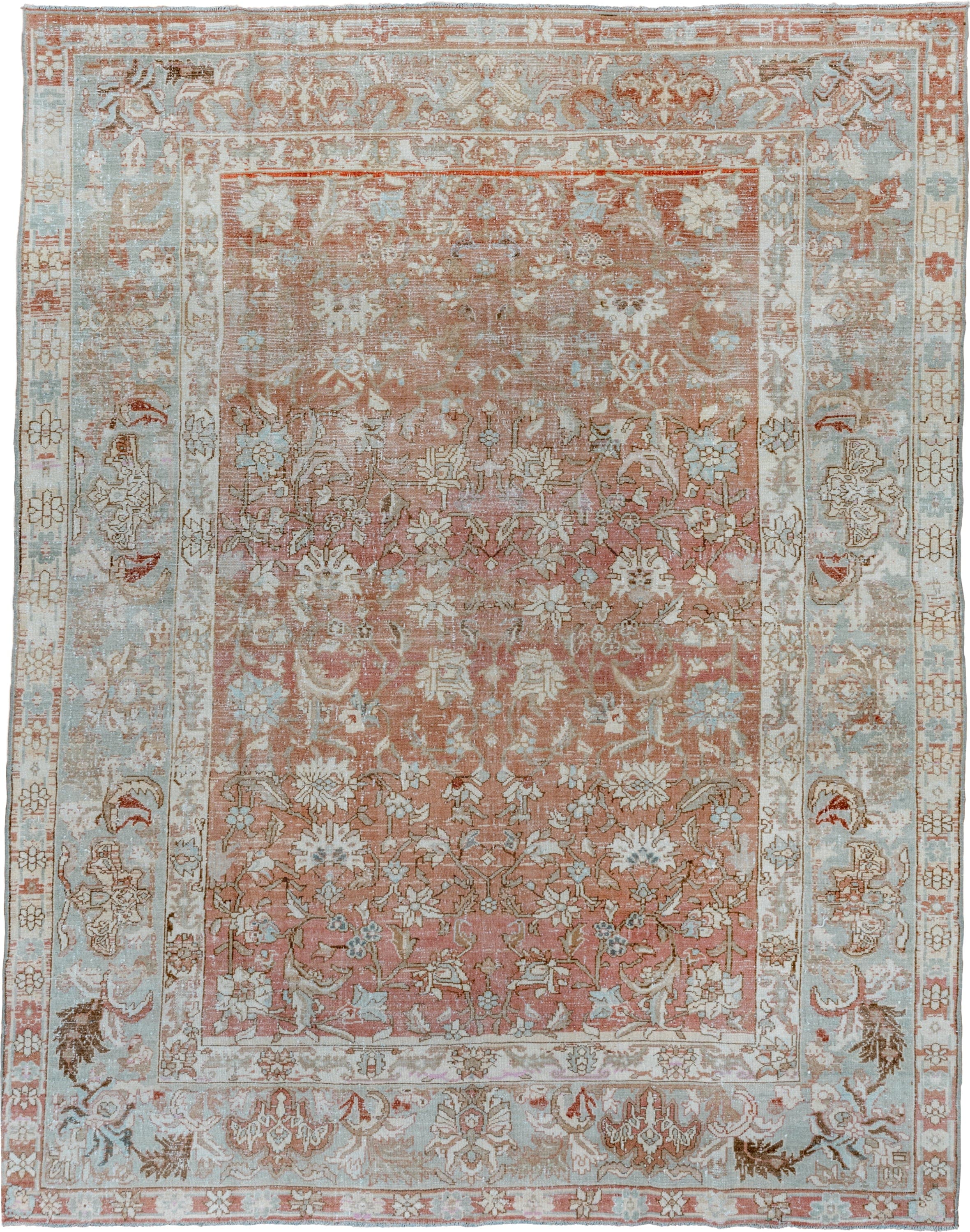 7' x 9' one-of-a-kind handmade vintage Malayer rug. Color palette: rose, pale blue, ivory, terra cotta, taupe, camel, brown