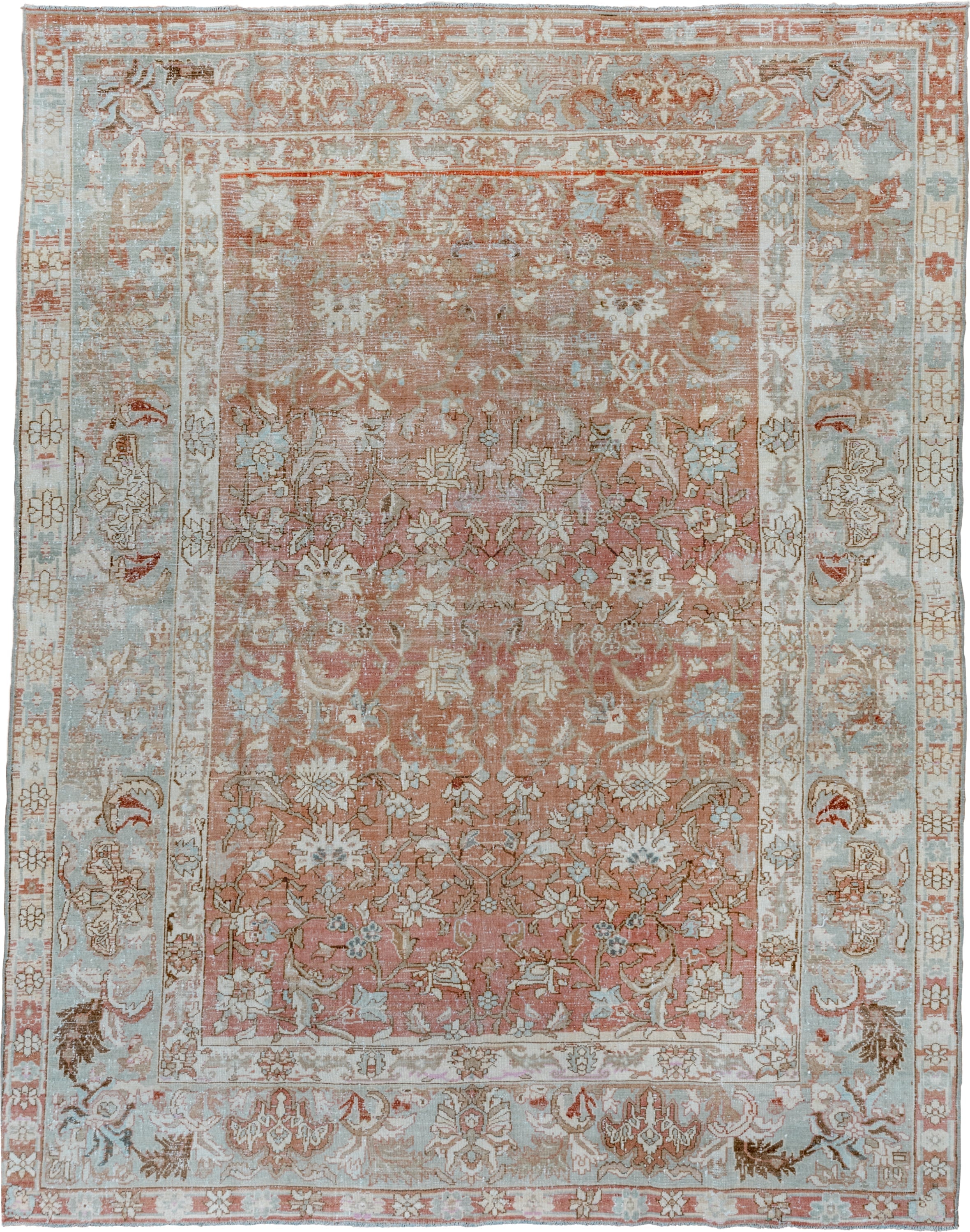 7' x 9' one-of-a-kind handmade vintage Malayer rug. Color palette: rose, pale blue, ivory, terra cotta, taupe, camel, brown