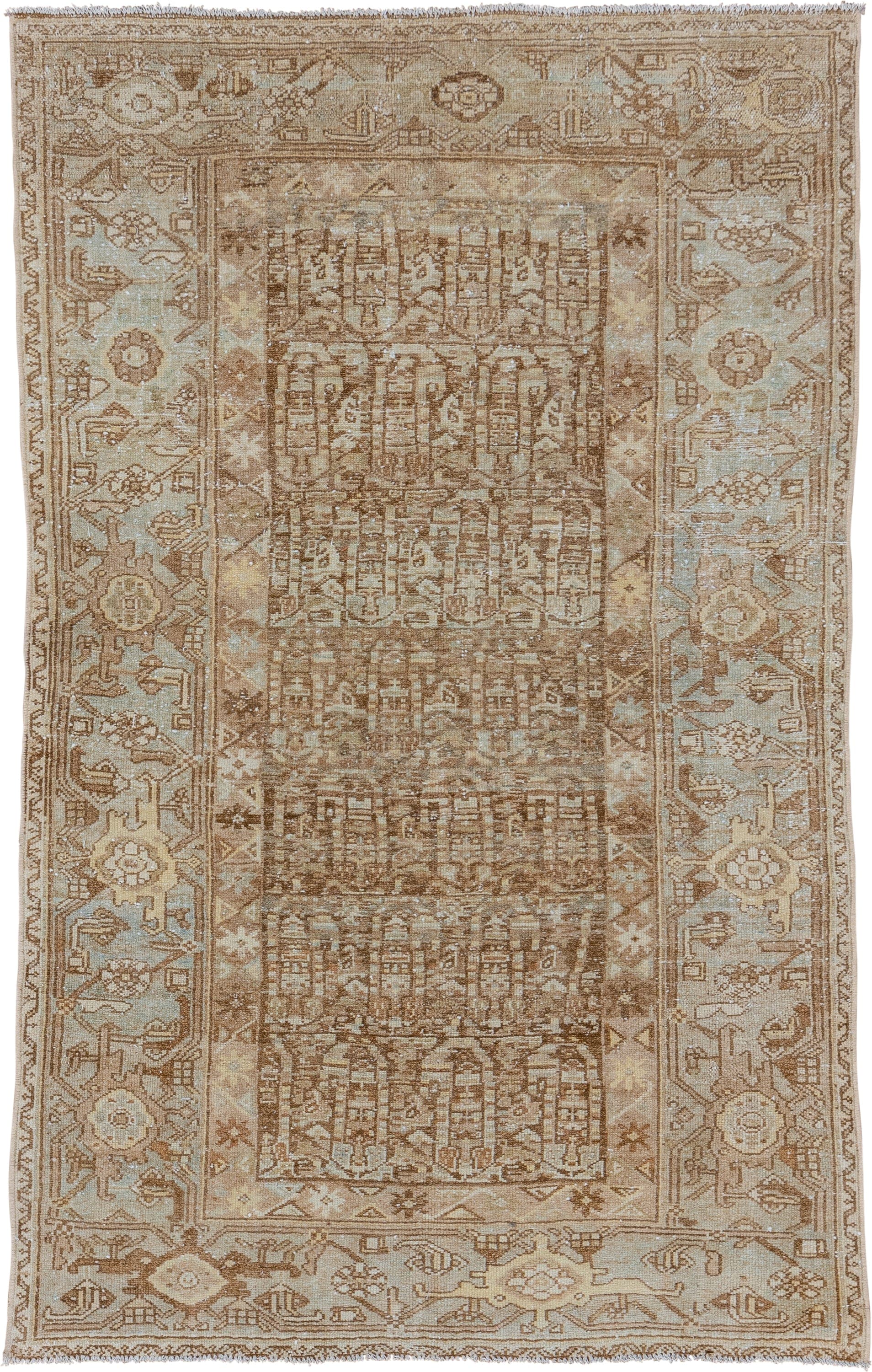 3' x 6' one-of-a-kind handmade vintage Malayer small size rug. Color palette: taupe, camel, ivory, light blue, sand, brown