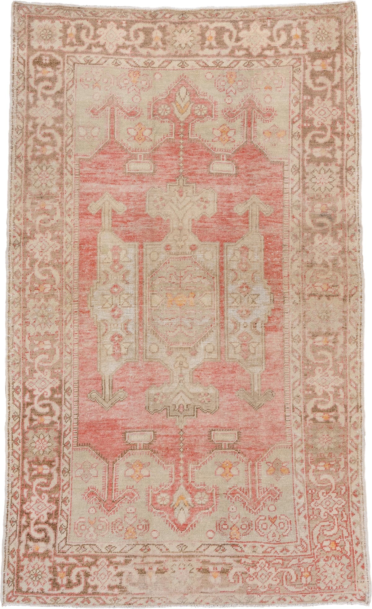 5' x 8' one-of-a-kind handmade vintage Oushak medium size rug. Color palette: coral, ivory, taupe, beige, blush, camel, gold