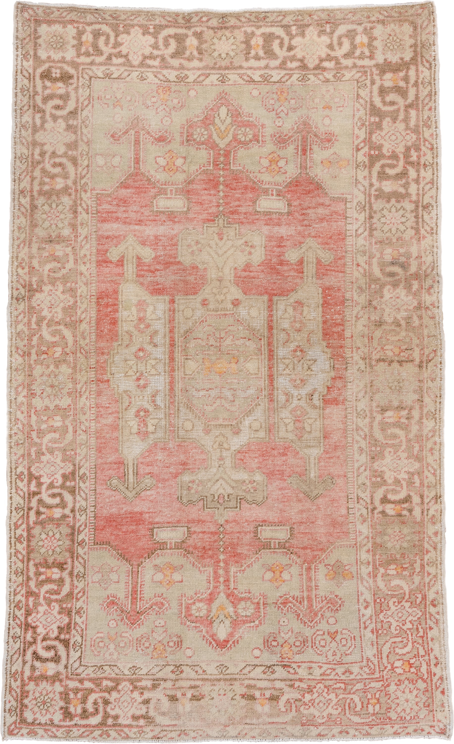 5' x 8' one-of-a-kind handmade vintage Oushak medium size rug. Color palette: coral, ivory, taupe, beige, blush, camel, gold