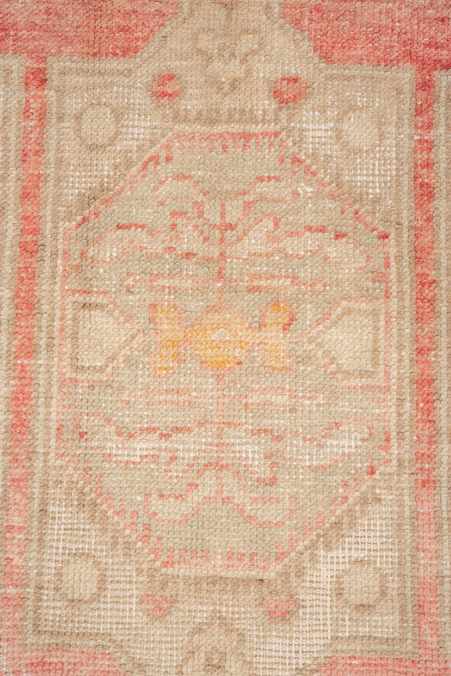 5' x 8' one-of-a-kind handmade vintage Oushak medium size rug. Color palette: coral, ivory, taupe, beige, blush, camel, gold