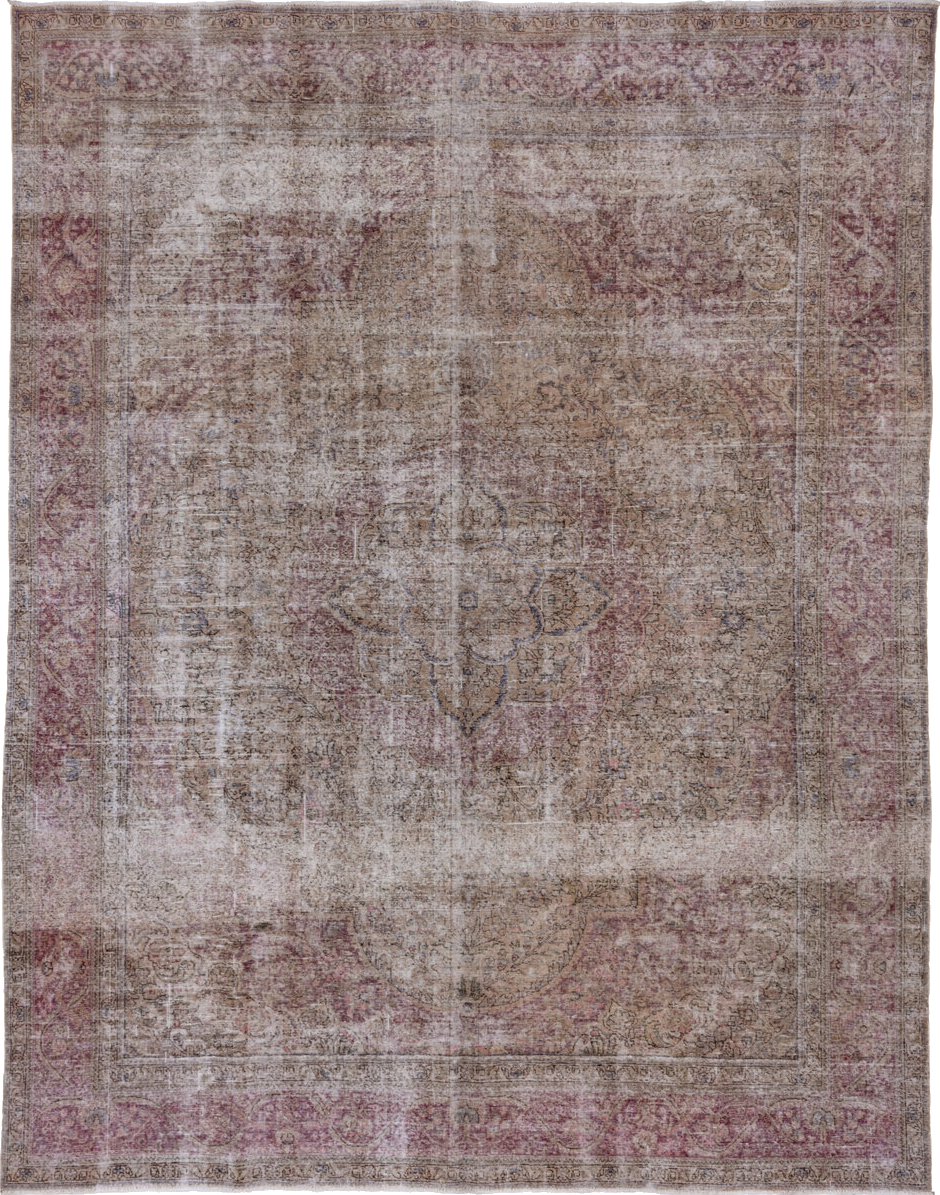 9' x 12' one-of-a-kind handmade vintage Tabriz large size rug. Color palette: brown, gray, light gray, pink, red, silver