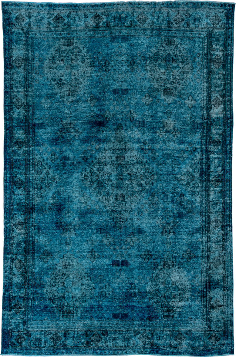 7' x 10' one-of-a-kind handmade vintage Overdyed large size rug. Color palette: teal, turquoise, aqua, charcoal, slate, gray
